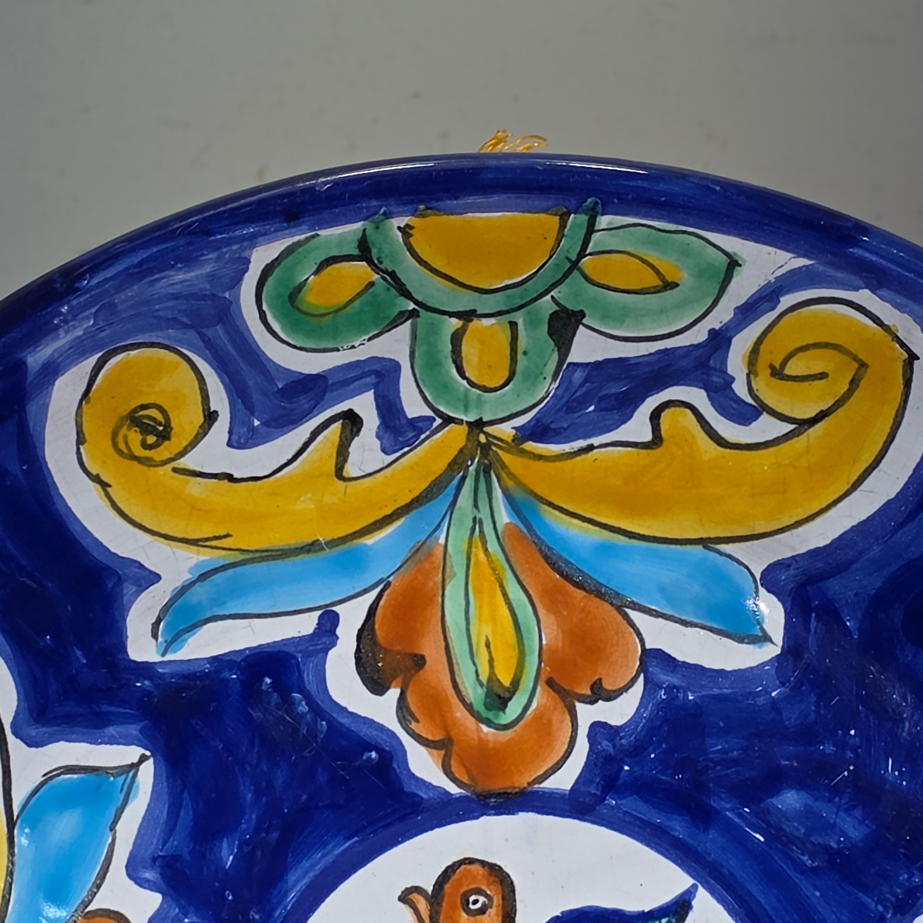 Antique Spanish Manises Majolica Plate 11" Bird Cobalt Blue Yellow Wall Hanging