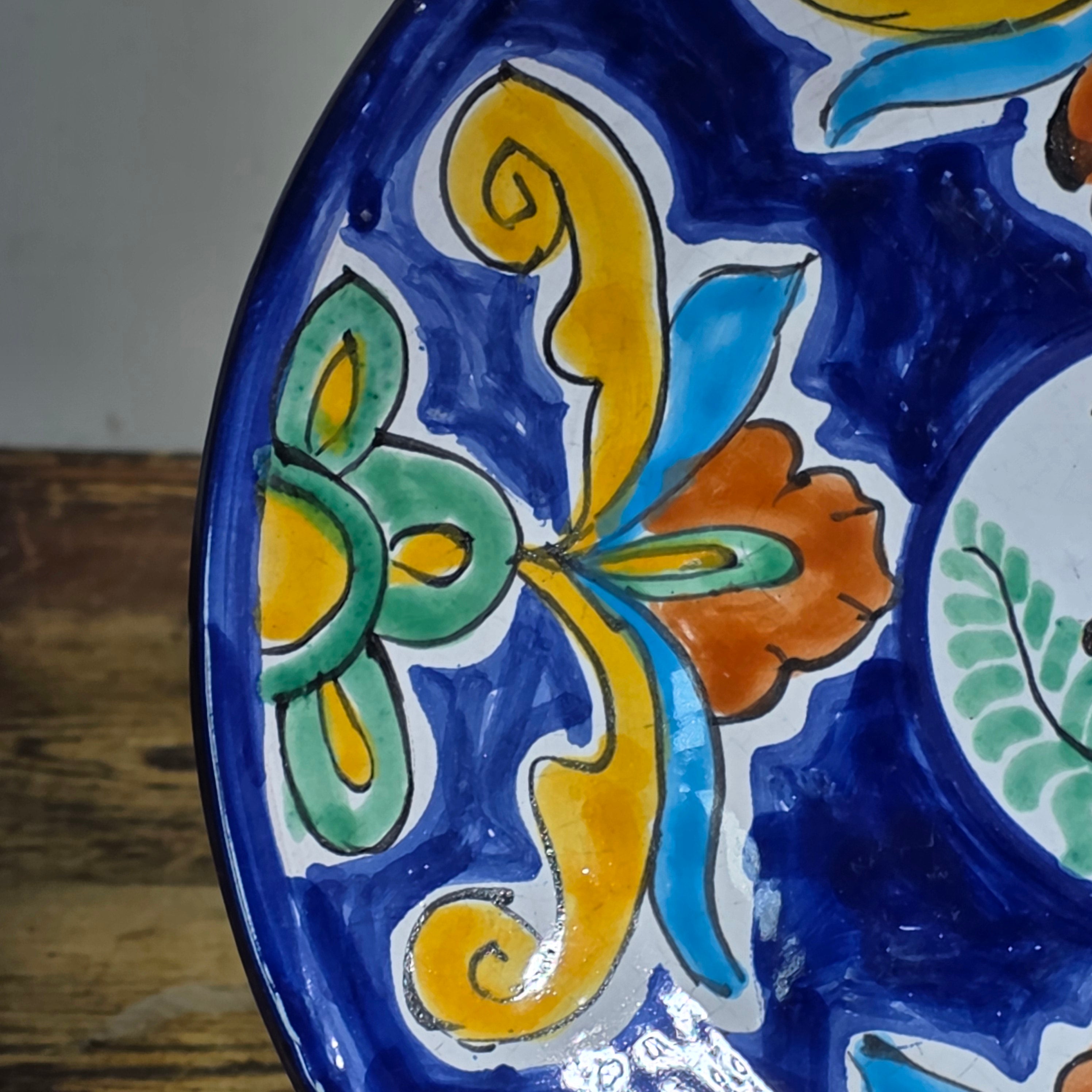 Antique Spanish Manises Majolica Plate 11" Bird Cobalt Blue Yellow Wall Hanging