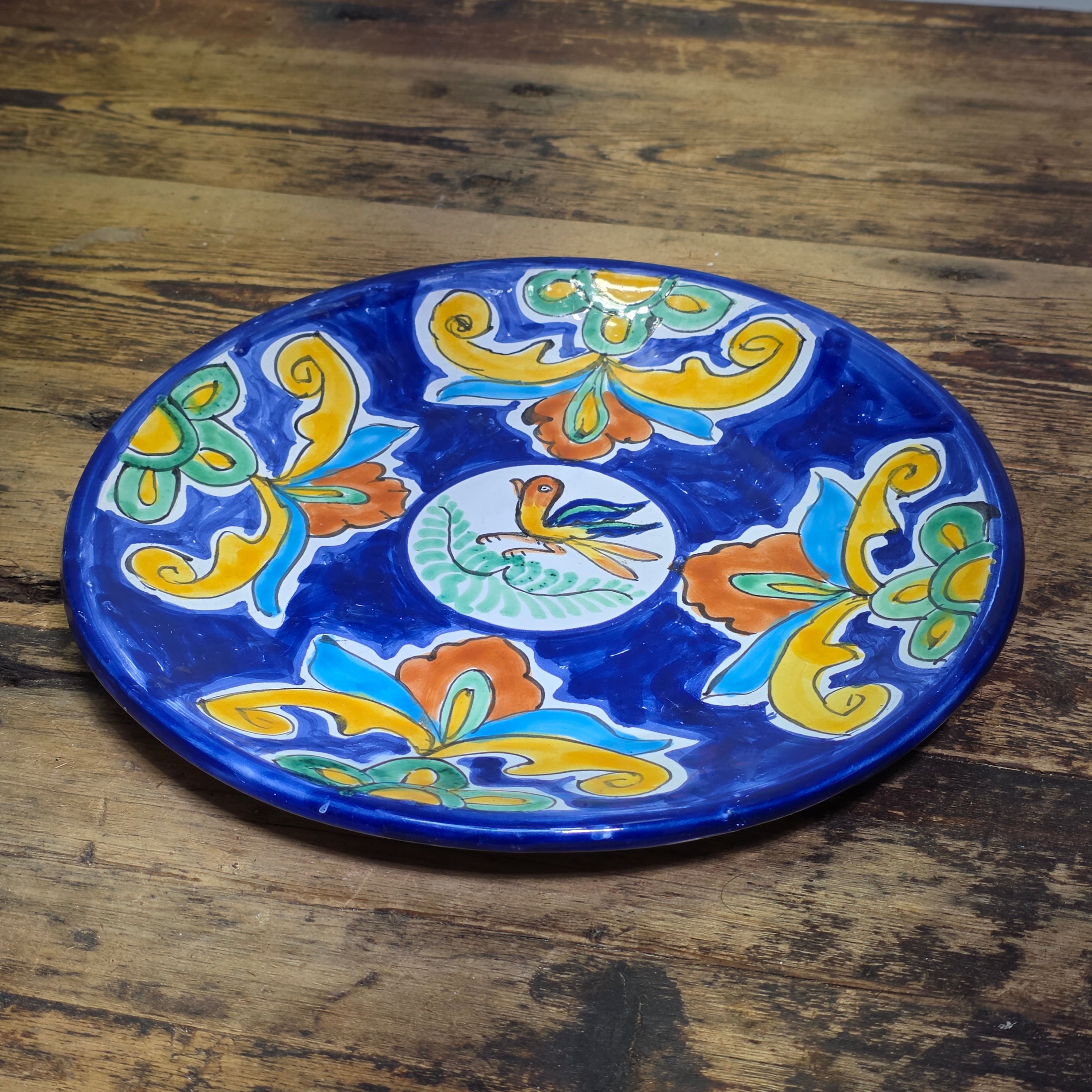 Antique Spanish Manises Majolica Plate 11" Bird Cobalt Blue Yellow Wall Hanging