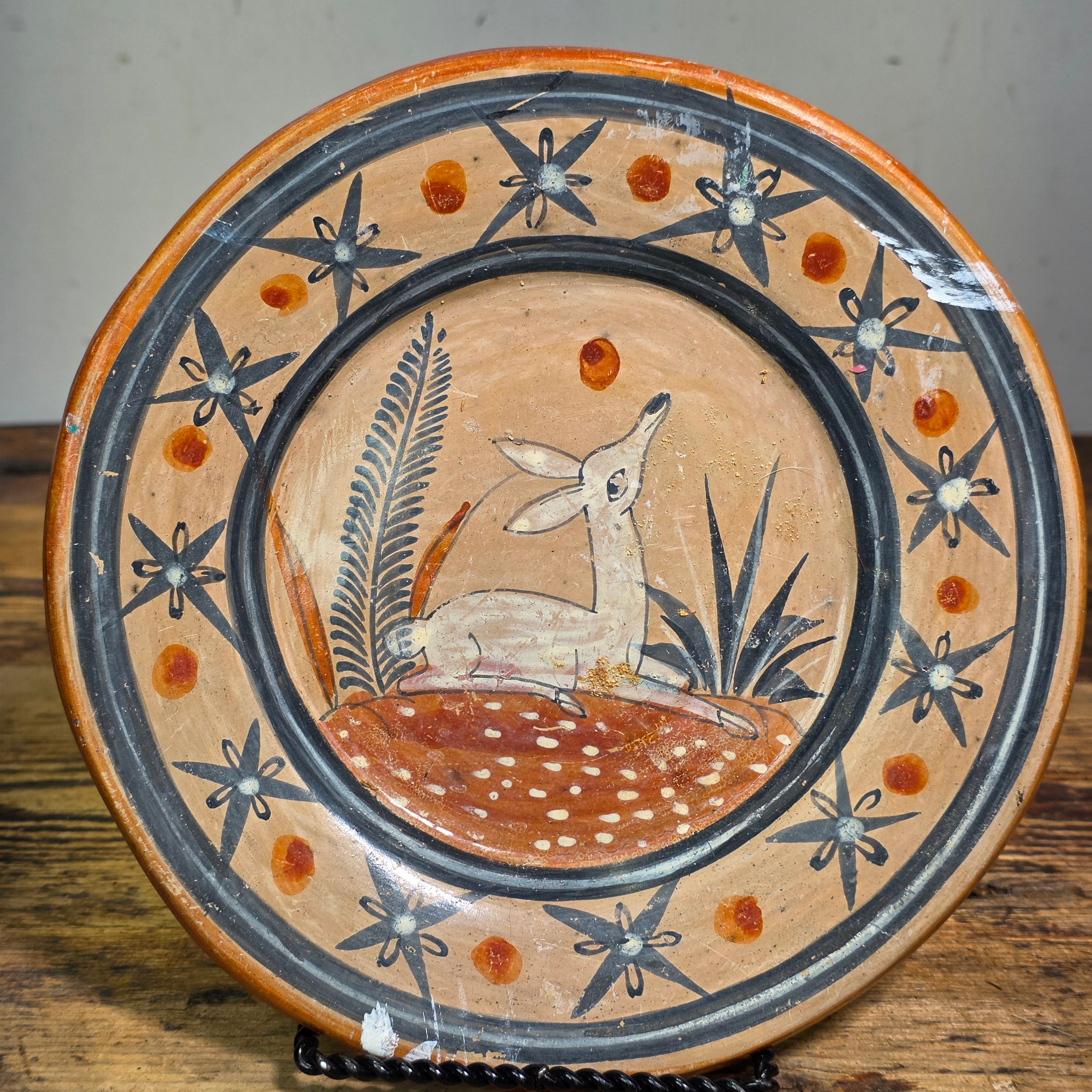 Vintage Tonala Burnished Pottery Plate 8" Mexican Folk Art Clay Deer Platter