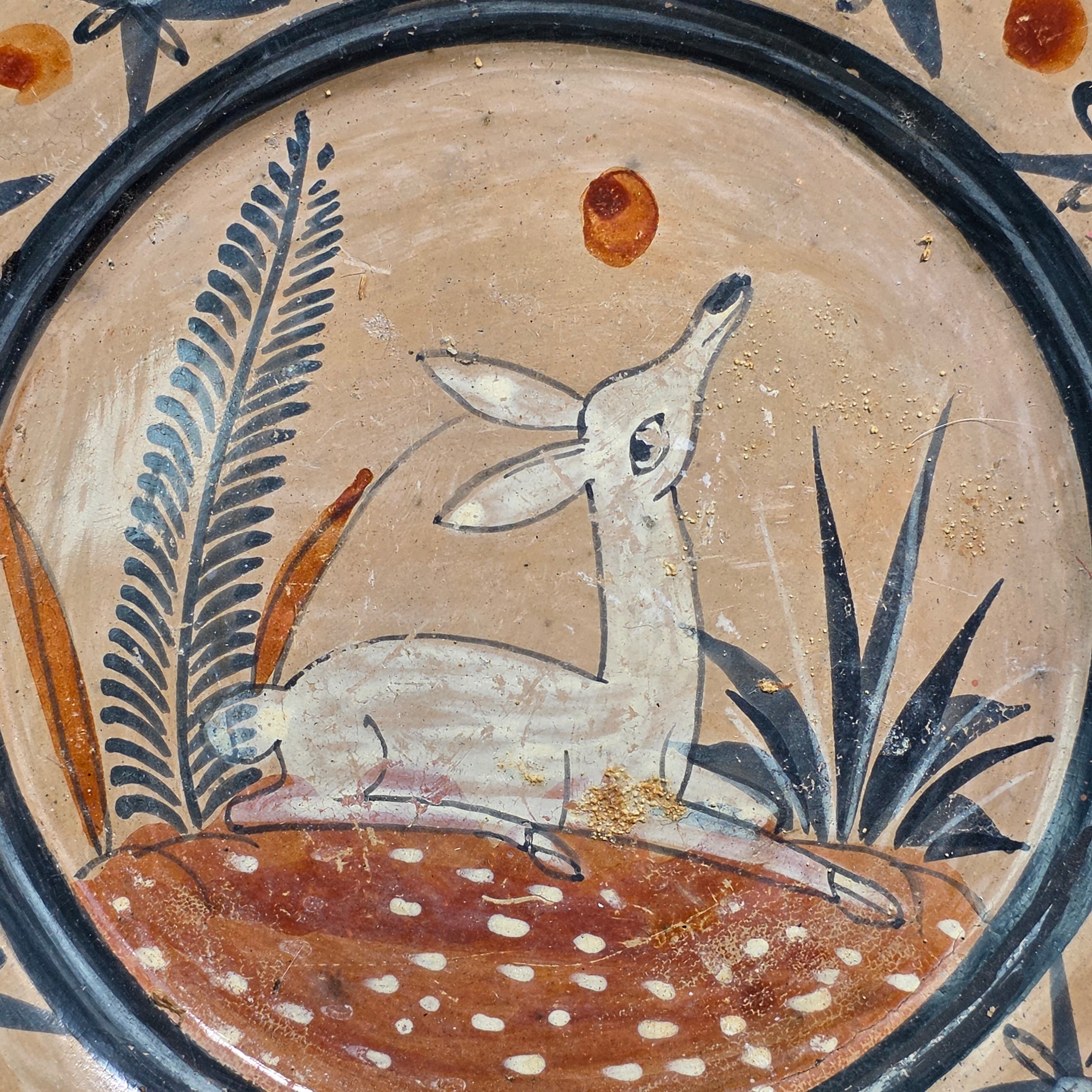 Vintage Tonala Burnished Pottery Plate 8" Mexican Folk Art Clay Deer Platter