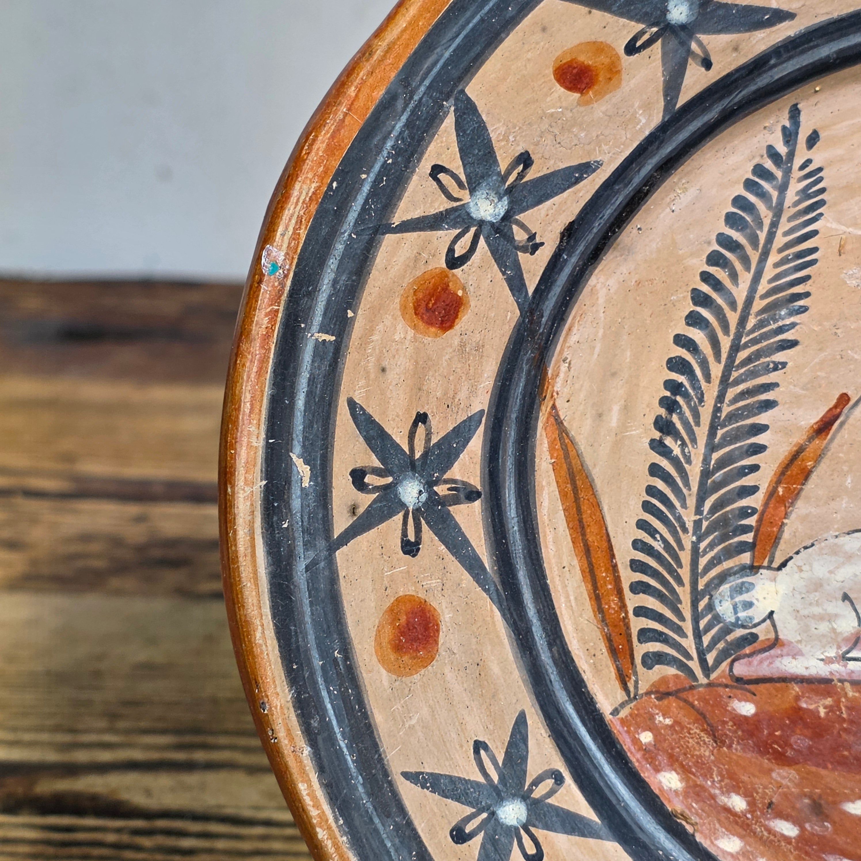 Vintage Tonala Burnished Pottery Plate 8" Mexican Folk Art Clay Deer Platter