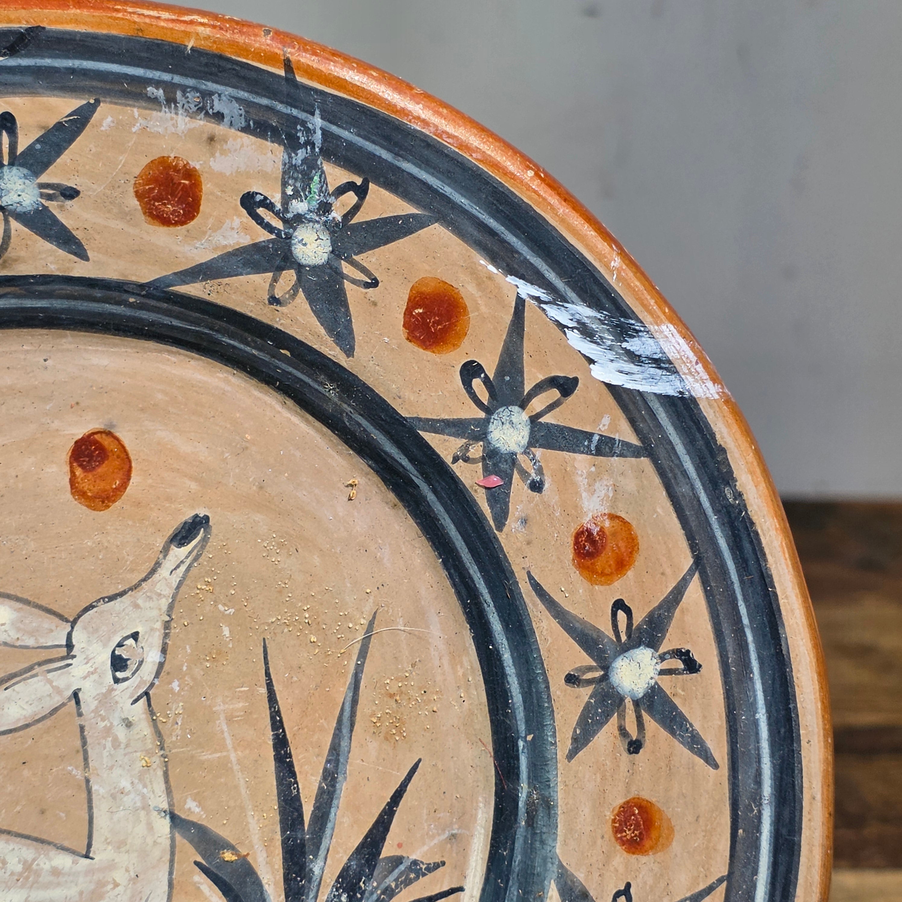 Vintage Tonala Burnished Pottery Plate 8" Mexican Folk Art Clay Deer Platter