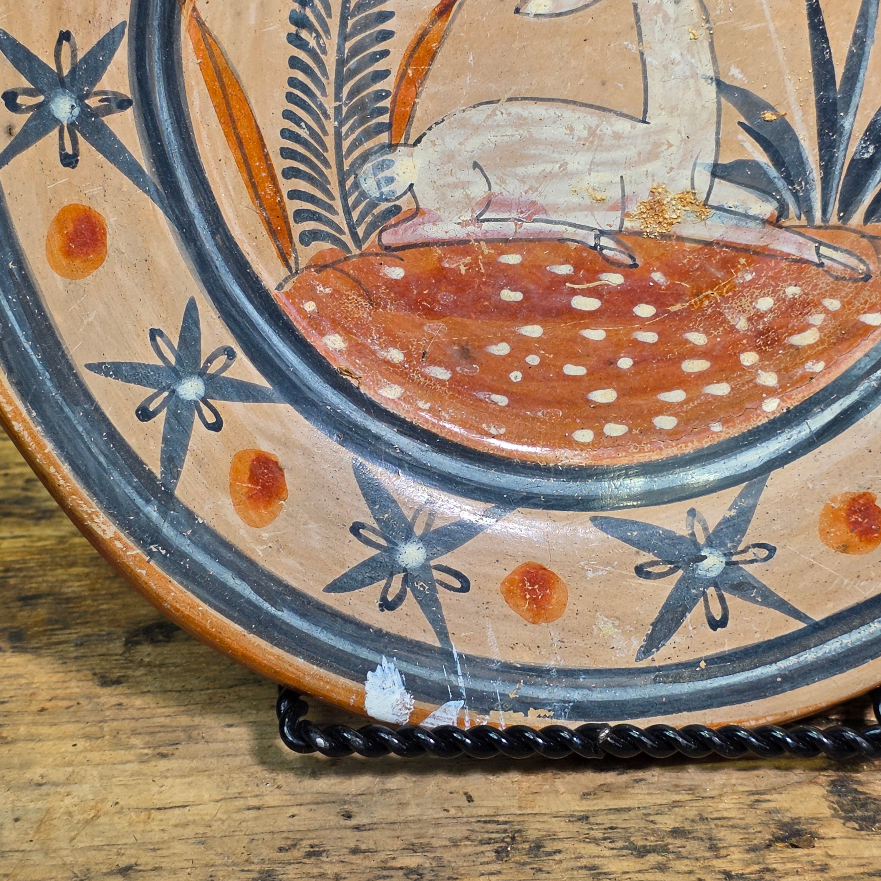 Vintage Tonala Burnished Pottery Plate 8" Mexican Folk Art Clay Deer Platter