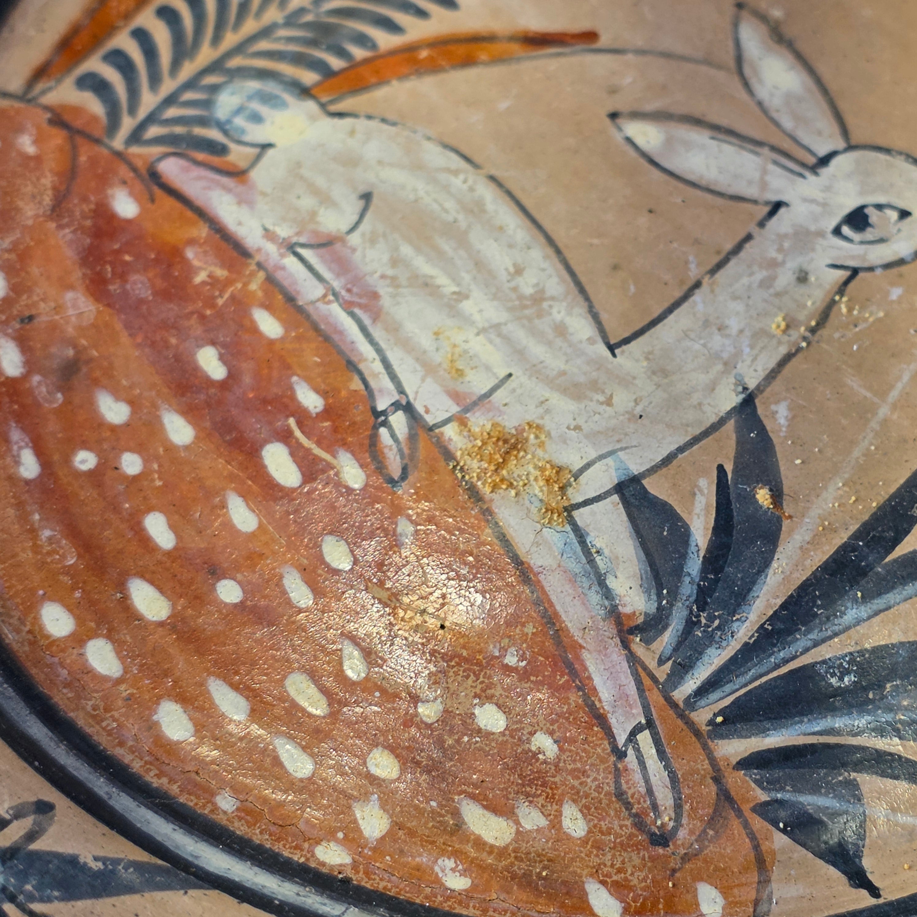 Vintage Tonala Burnished Pottery Plate 8" Mexican Folk Art Clay Deer Platter
