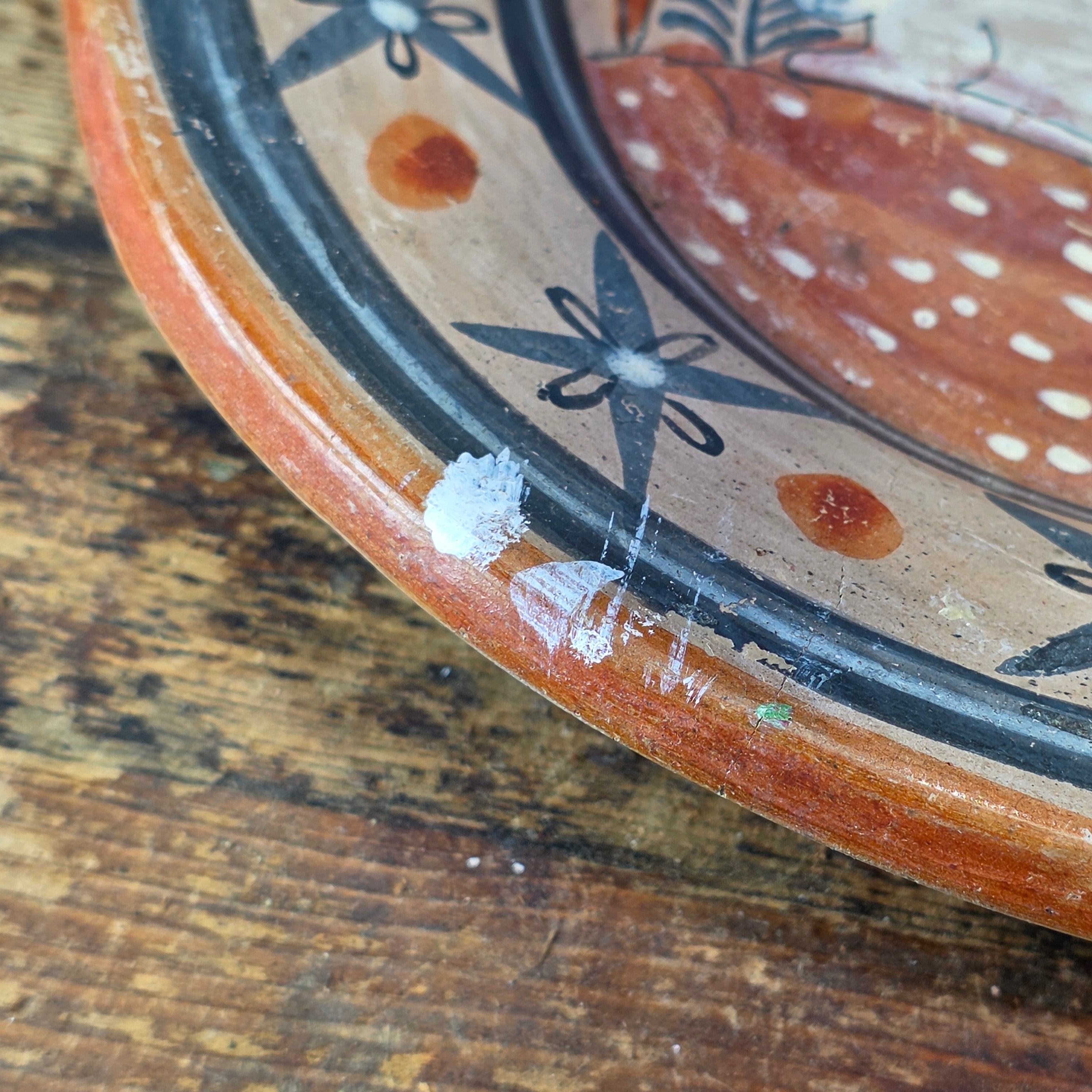 Vintage Tonala Burnished Pottery Plate 8" Mexican Folk Art Clay Deer Platter