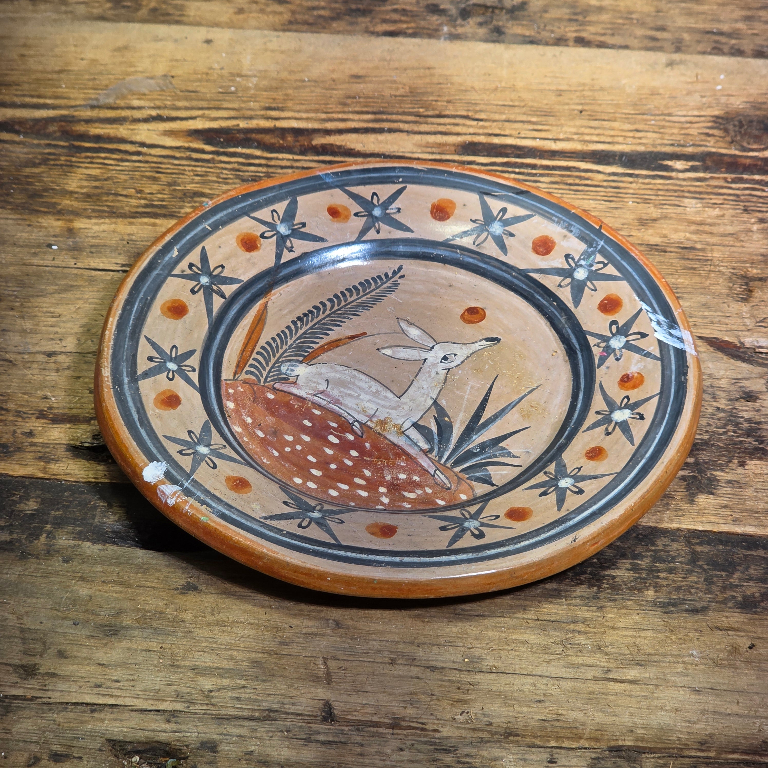 Vintage Tonala Burnished Pottery Plate 8" Mexican Folk Art Clay Deer Platter