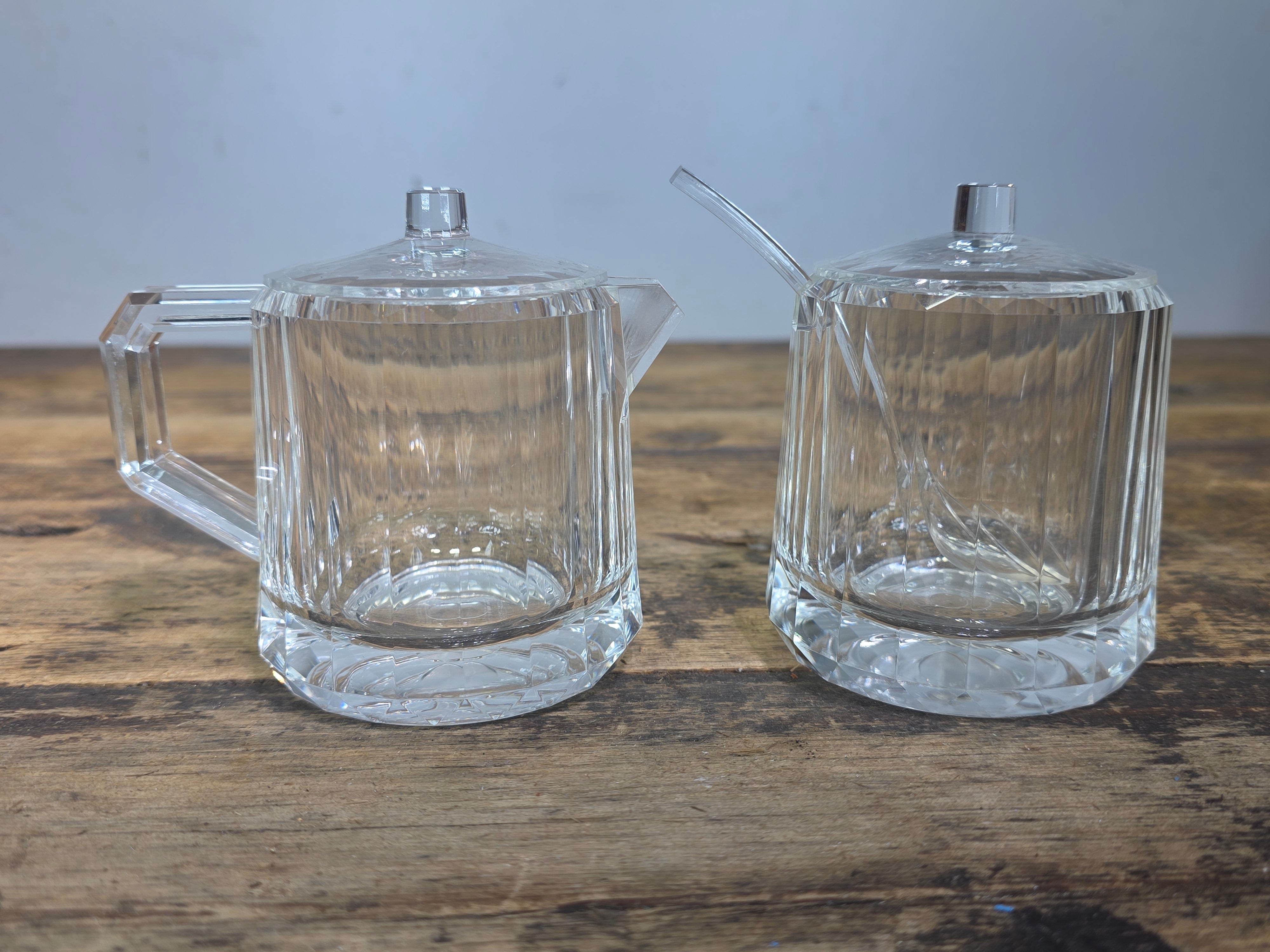 Vintage 1990 US Acrylic Creamer Sugar Bowl Set Lid Spoon Lucite Clear Plastic MC