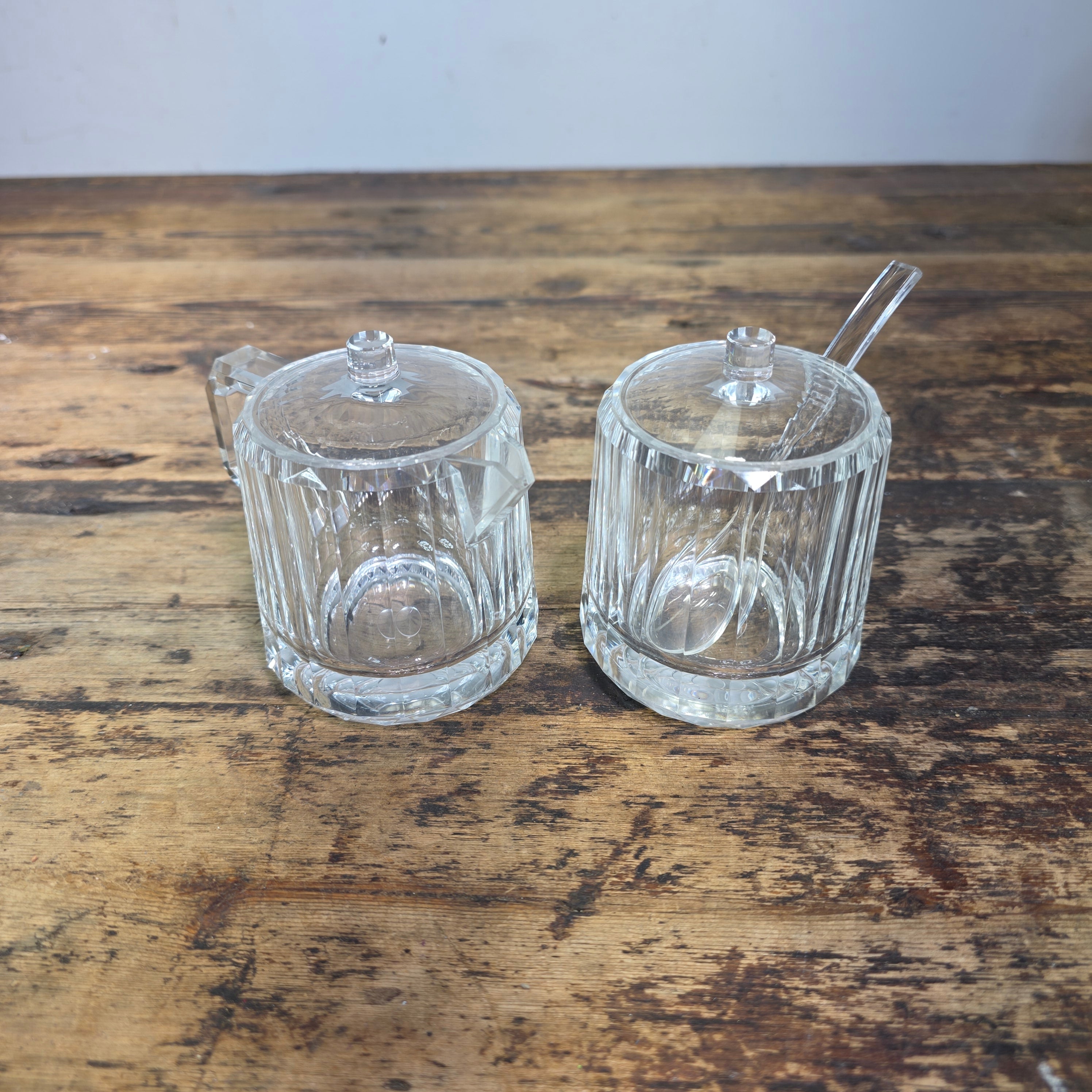 Vintage 1990 US Acrylic Creamer Sugar Bowl Set Lid Spoon Lucite Clear Plastic MC