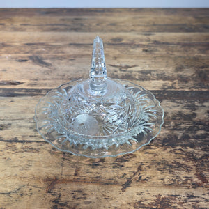 Vintage Crystal Glass Butter Dish Dome Lid Chiming Bell Pinwheel Cut Clear MCM