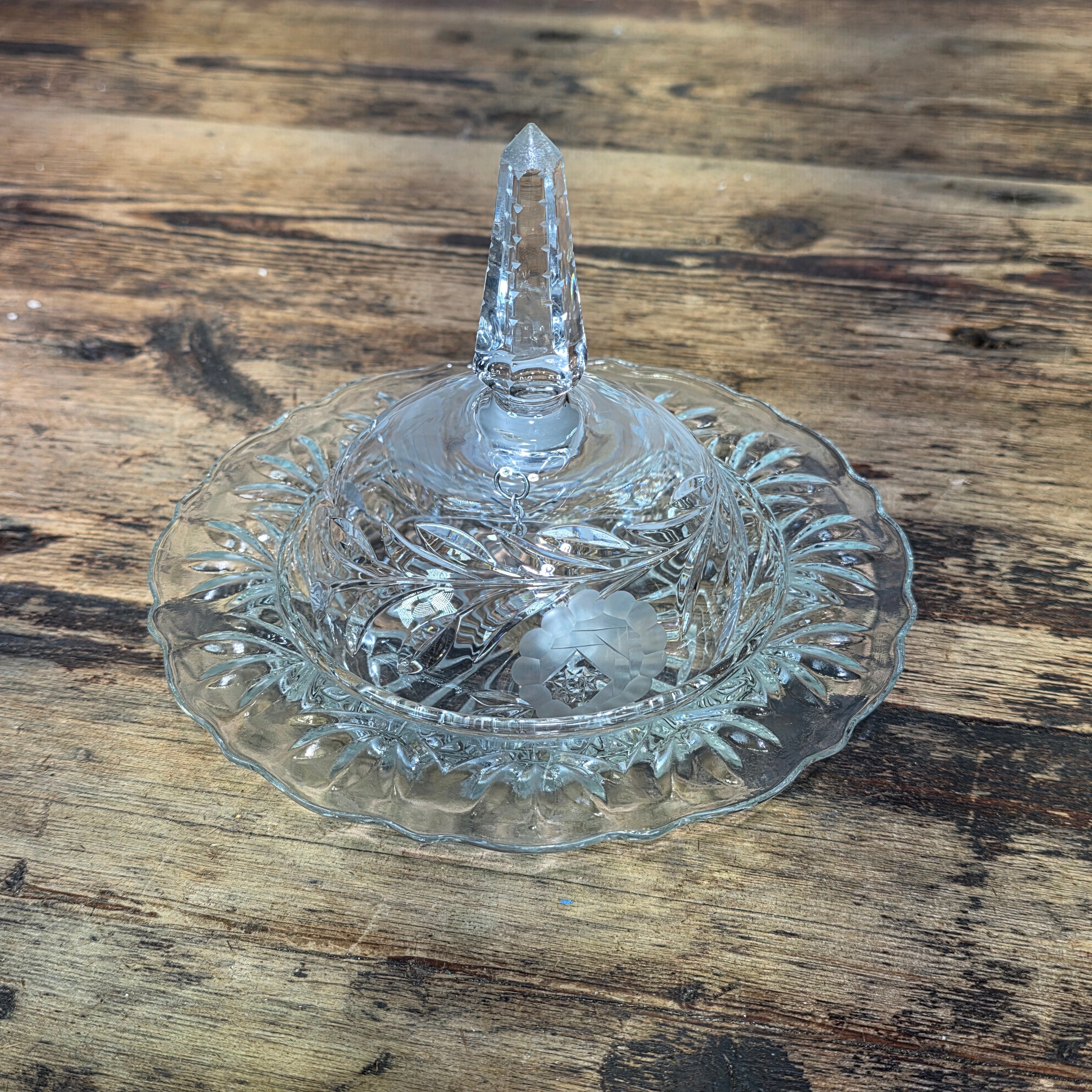 Vintage Crystal Glass Butter Dish Dome Lid Chiming Bell Pinwheel Cut Clear MCM