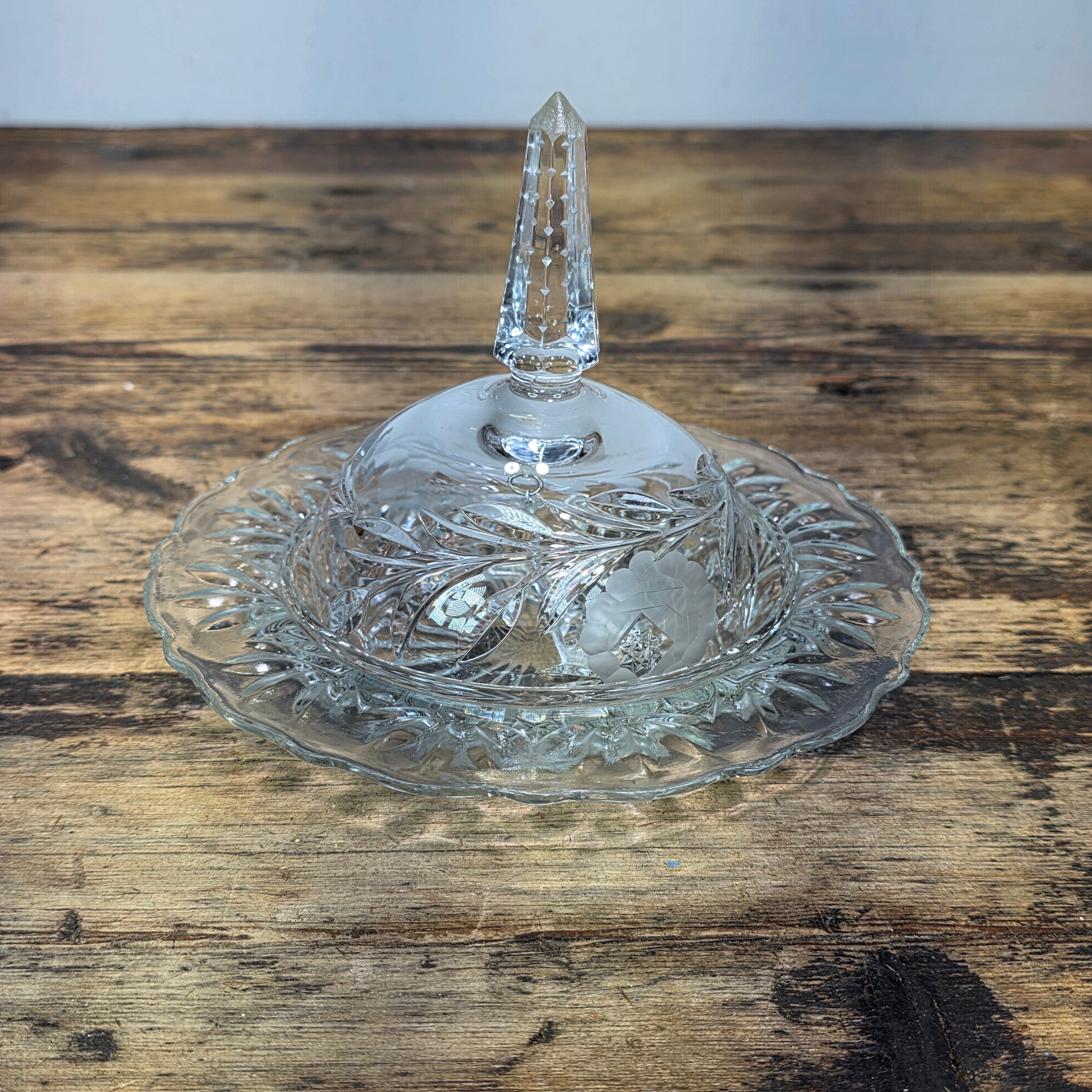 Vintage Crystal Glass Butter Dish Dome Lid Chiming Bell Pinwheel Cut Clear MCM