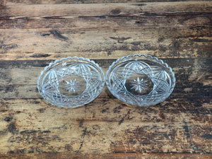 Vintage Clear Pressed Glass Small Plates 6" Starburst Scalloped Rim Saucer Pair