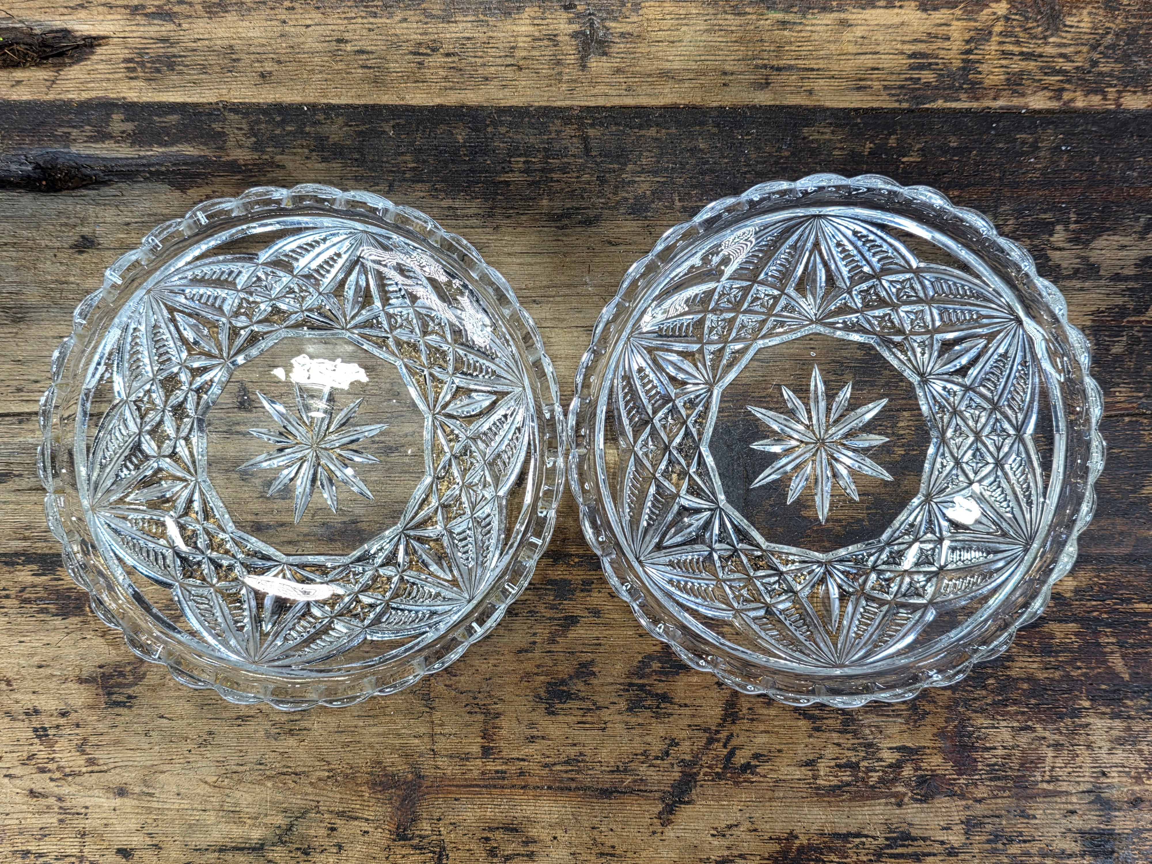 Vintage Clear Pressed Glass Small Plates 6" Starburst Scalloped Rim Saucer Pair
