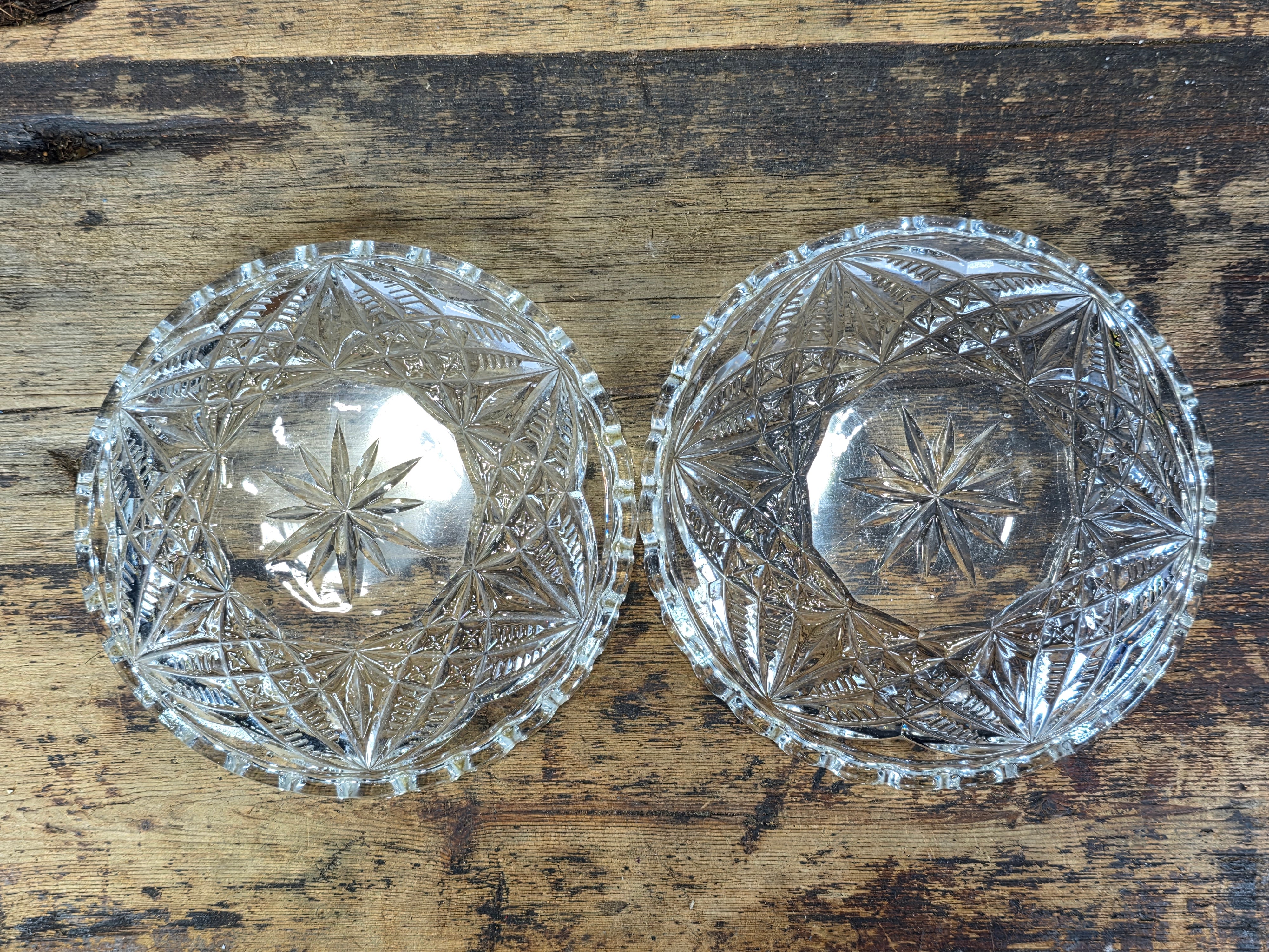 Vintage Clear Pressed Glass Small Plates 6" Starburst Scalloped Rim Saucer Pair