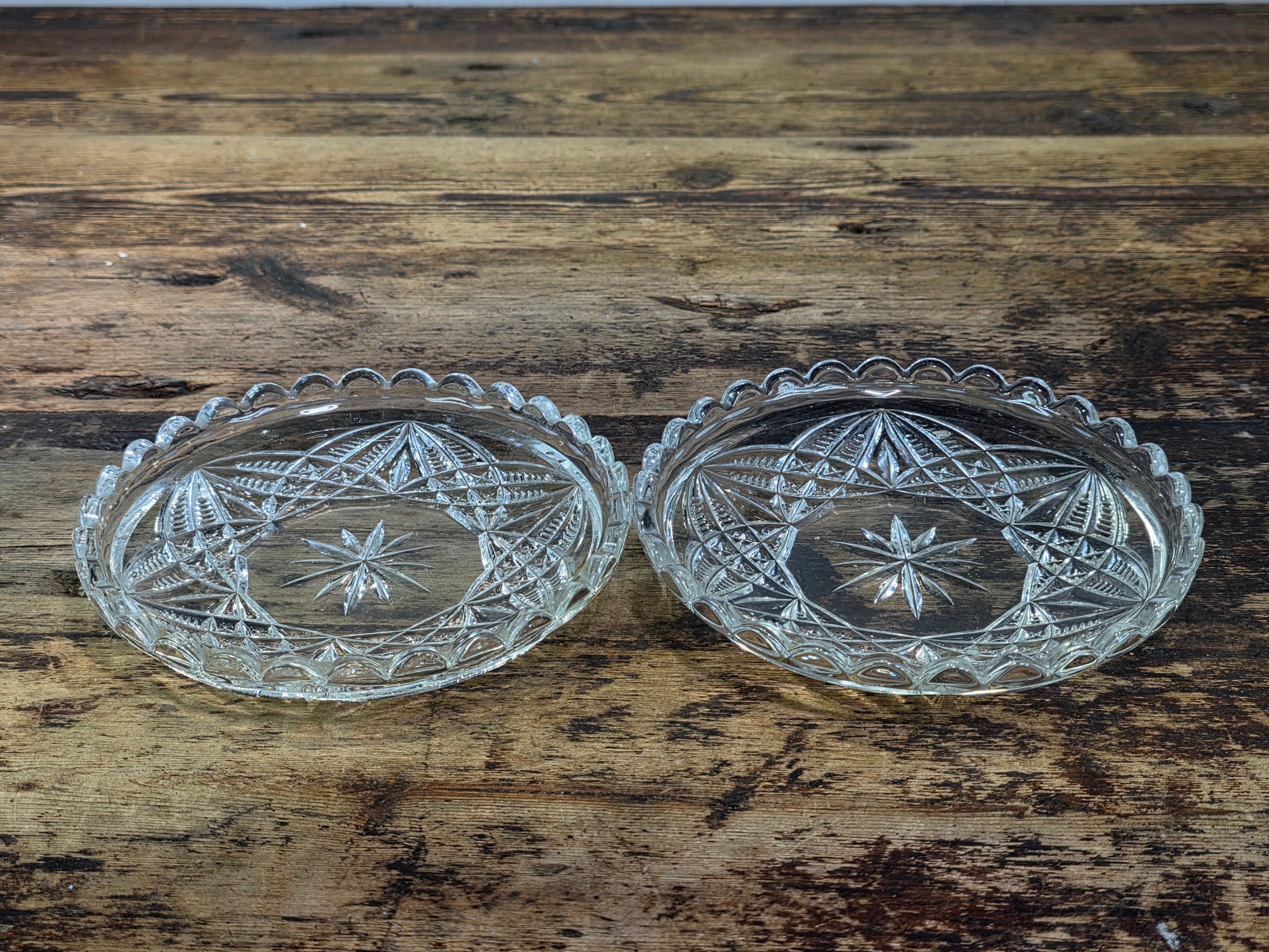 Vintage Clear Pressed Glass Small Plates 6" Starburst Scalloped Rim Saucer Pair