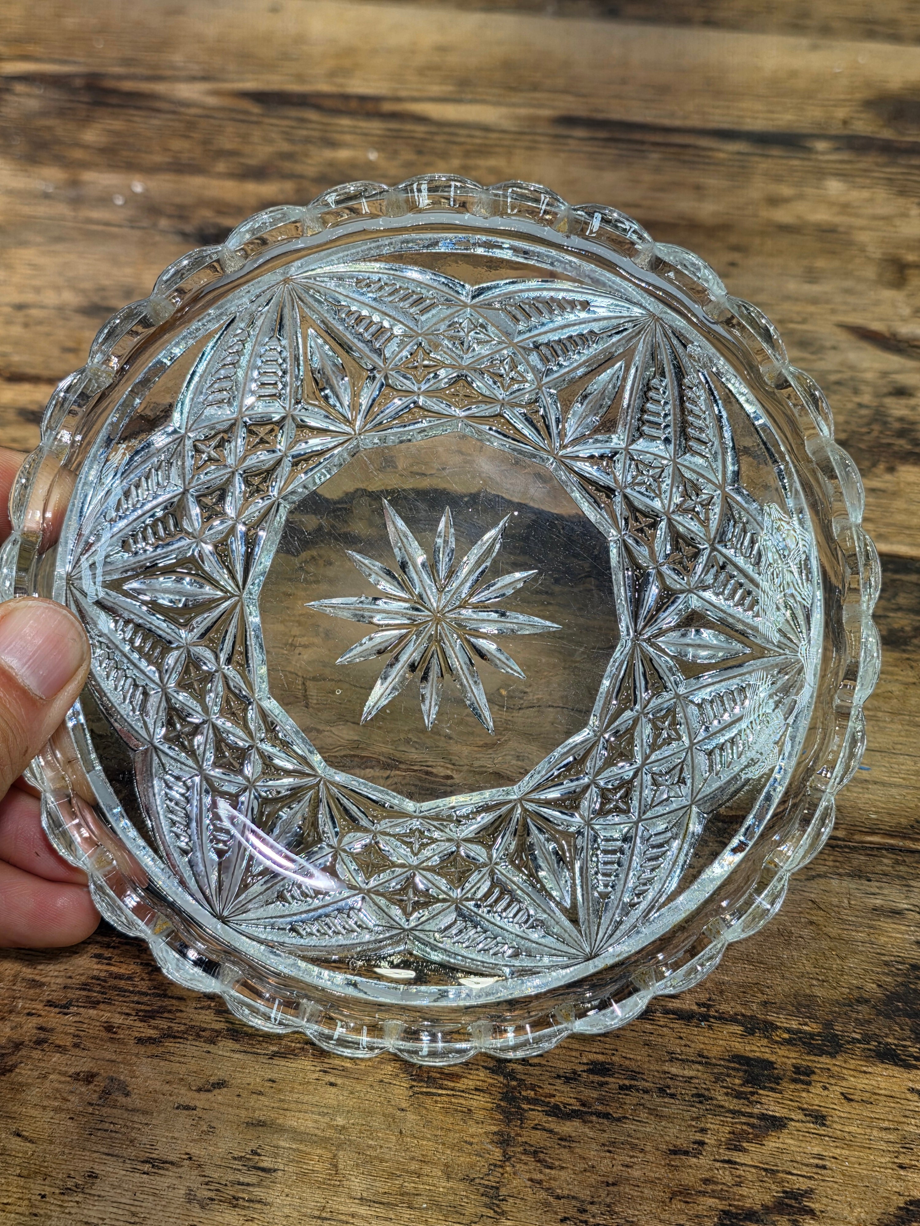 Vintage Clear Pressed Glass Small Plates 6" Starburst Scalloped Rim Saucer Pair