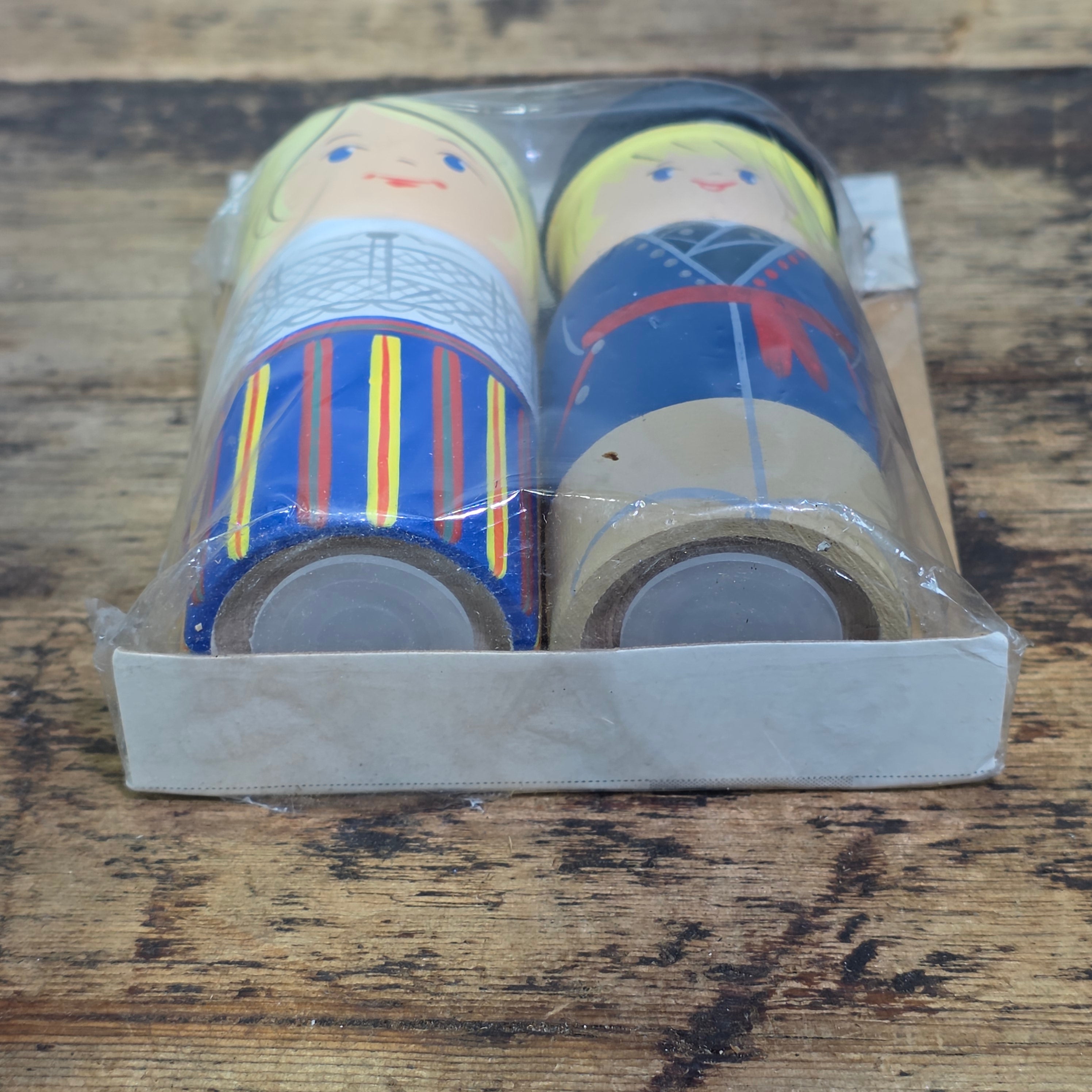 Vintage Estonia Wooden Salt Pepper Shakers Tallinn Hand Painted Folk Doll Set NOS