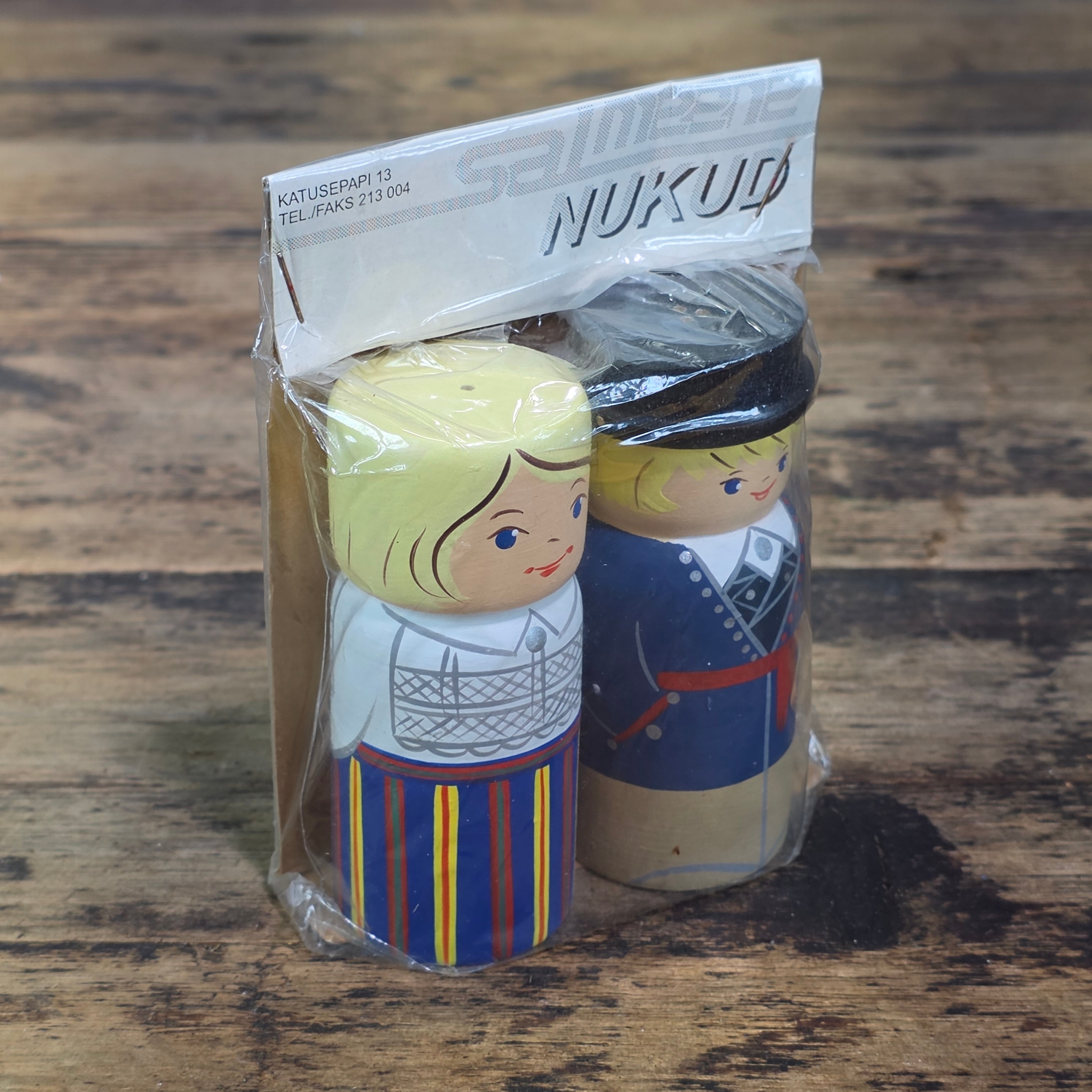 Vintage Estonia Wooden Salt Pepper Shakers Tallinn Hand Painted Folk Doll Set NOS