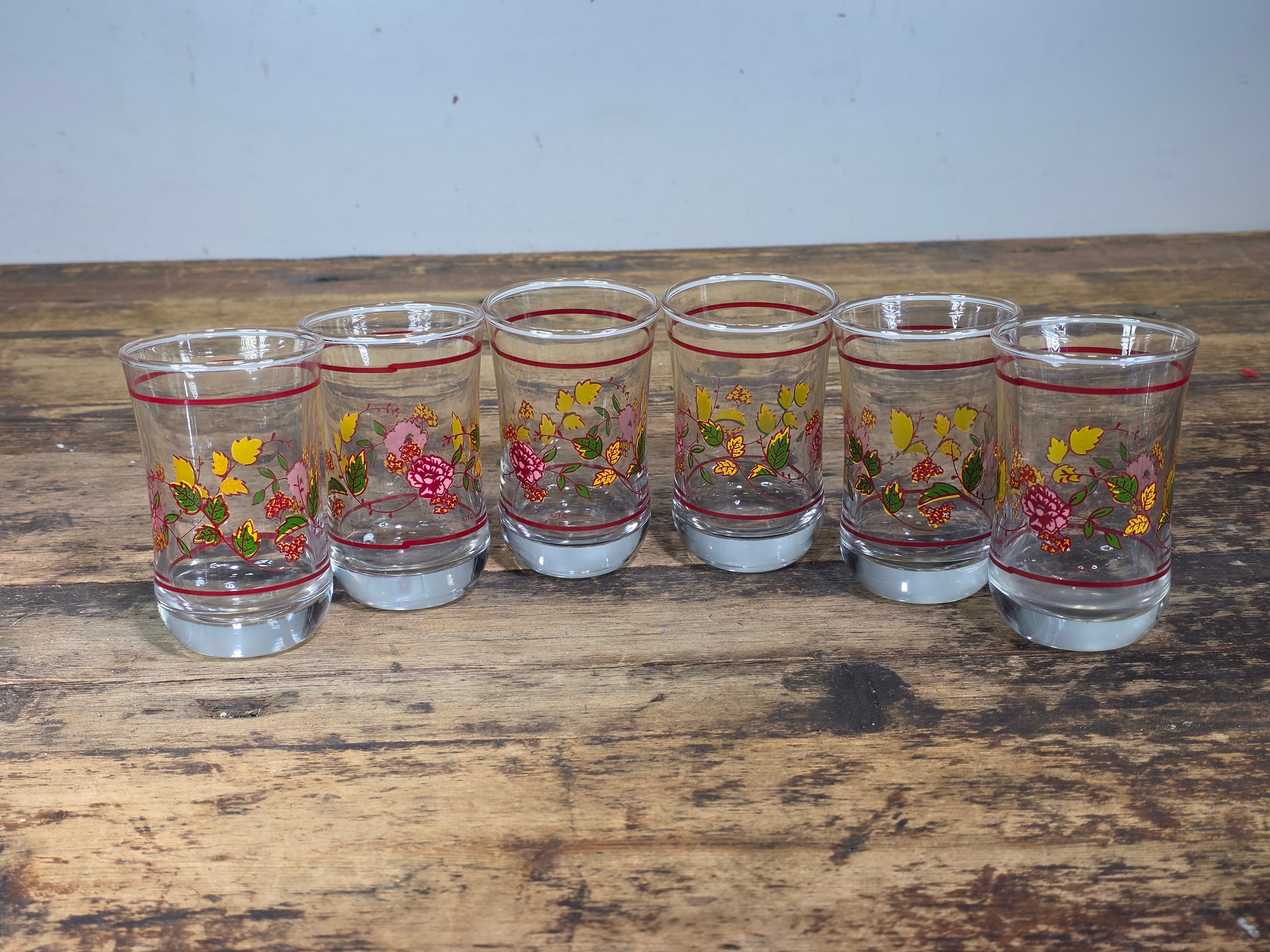 Vintage Anchor Hocking Juice Glasses Set of 6 Floral 5oz Clear Retro Boho TC
