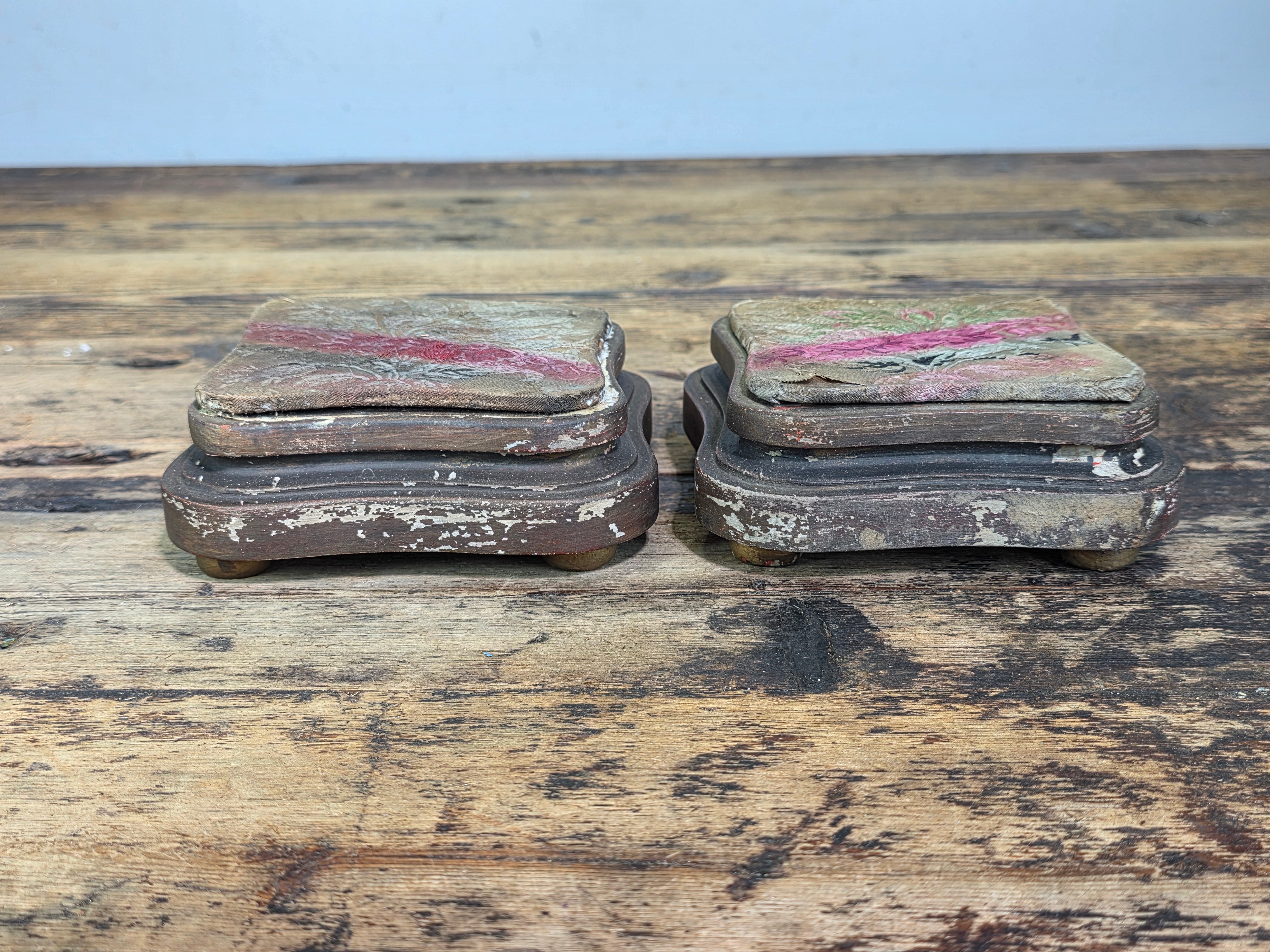 Antique Victorian French Silk Ribbon Display Stand Plinth Pedestal Vase Bases Pair