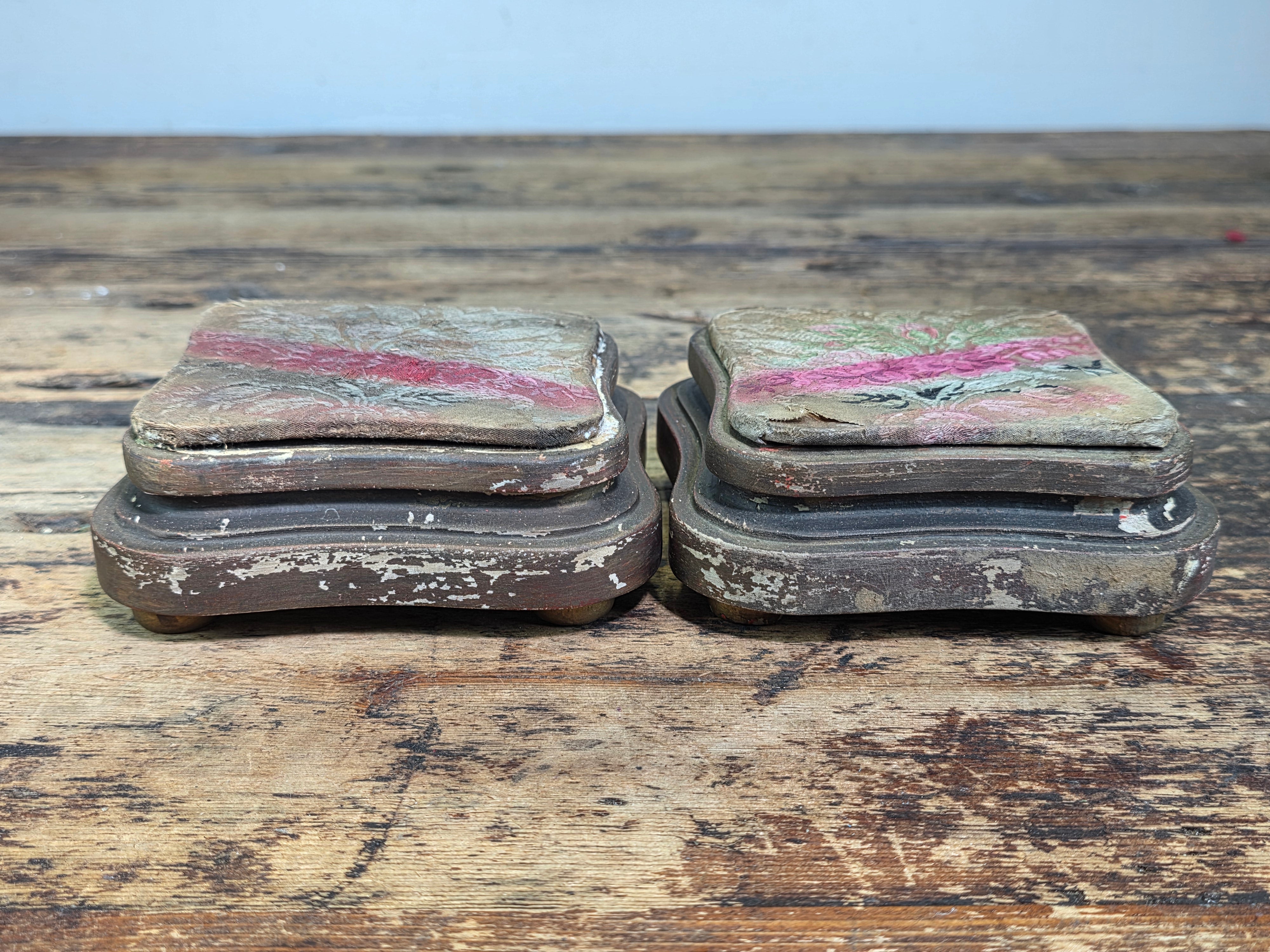 Antique Victorian French Silk Ribbon Display Stand Plinth Pedestal Vase Bases Pair