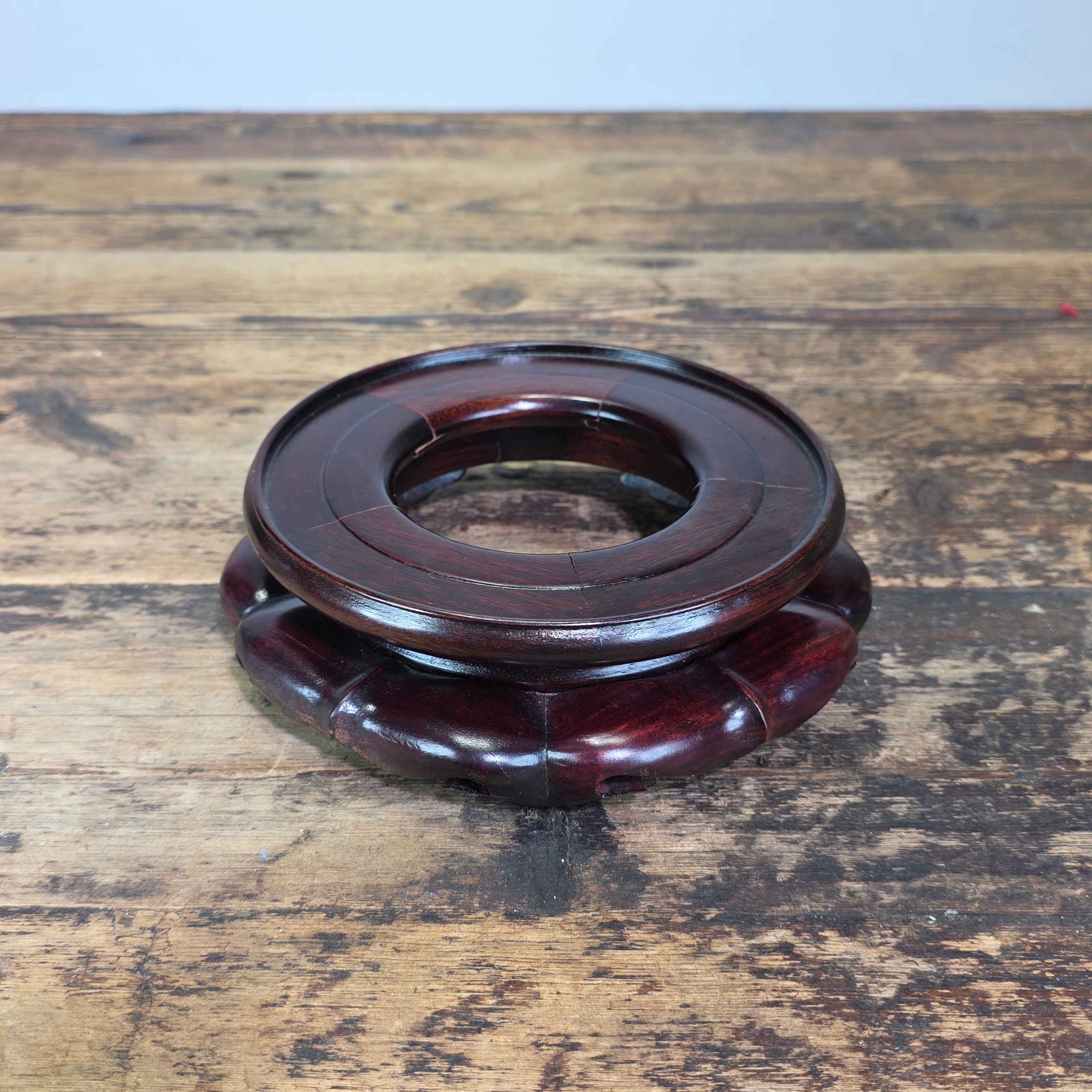 Vintage Chinese Wood Display Stand Vase Bowl Base Rosewood Lotus Round 6.25"