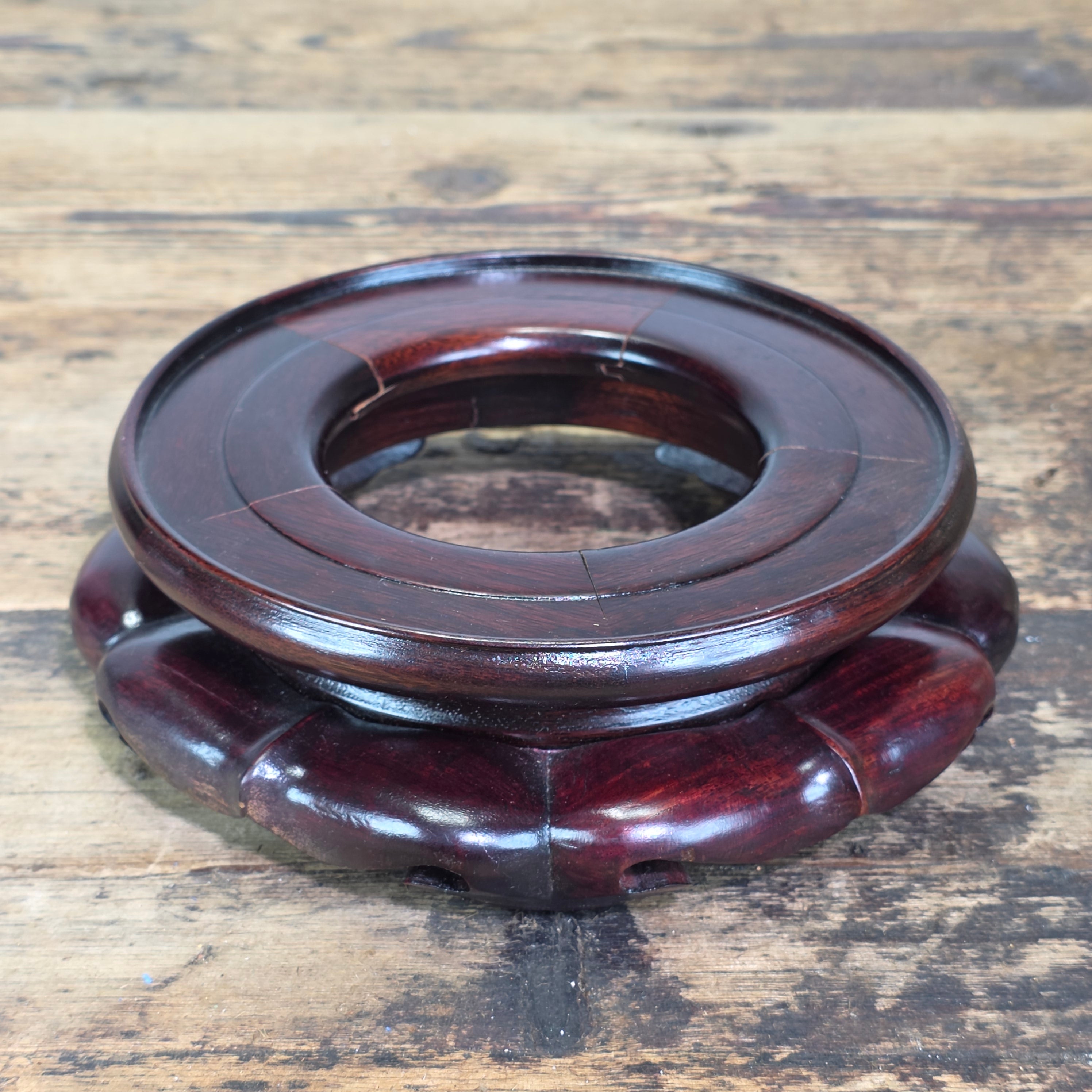 Vintage Chinese Wood Display Stand Vase Bowl Base Rosewood Lotus Round 6.25"
