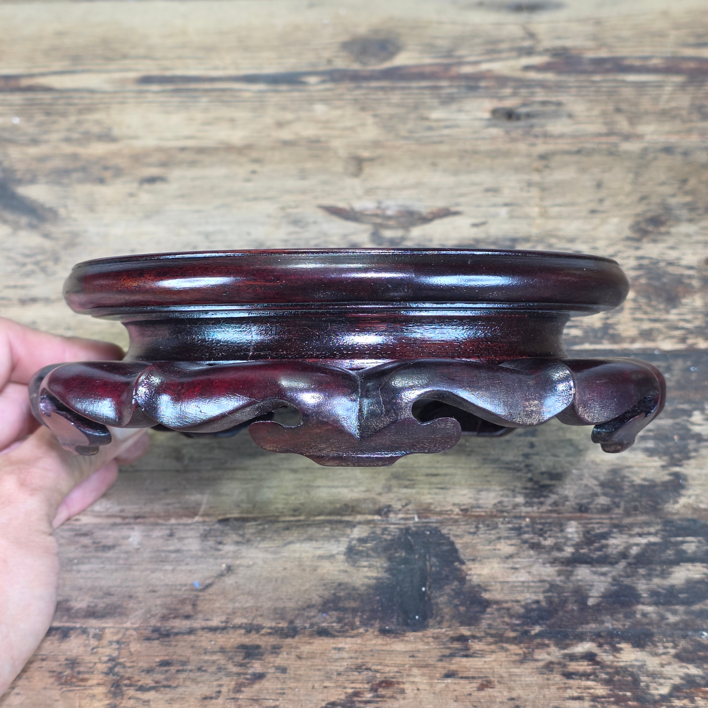 Vintage Chinese Wood Display Stand Vase Bowl Base Rosewood Lotus Round 6.25"