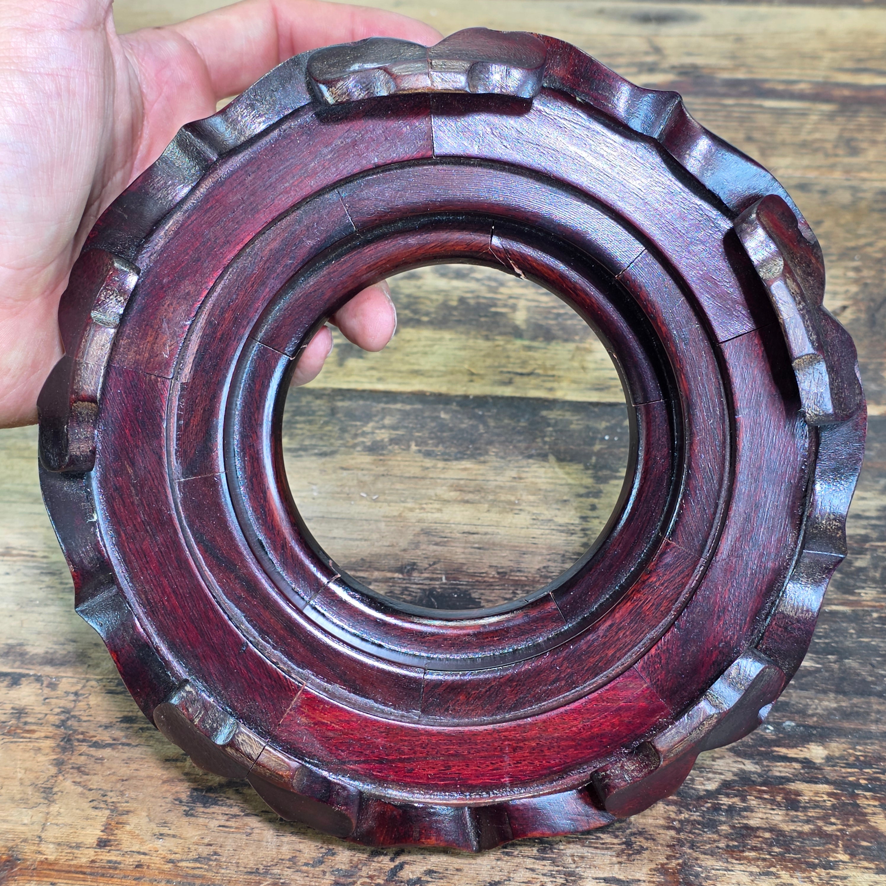 Vintage Chinese Wood Display Stand Vase Bowl Base Rosewood Lotus Round 6.25"
