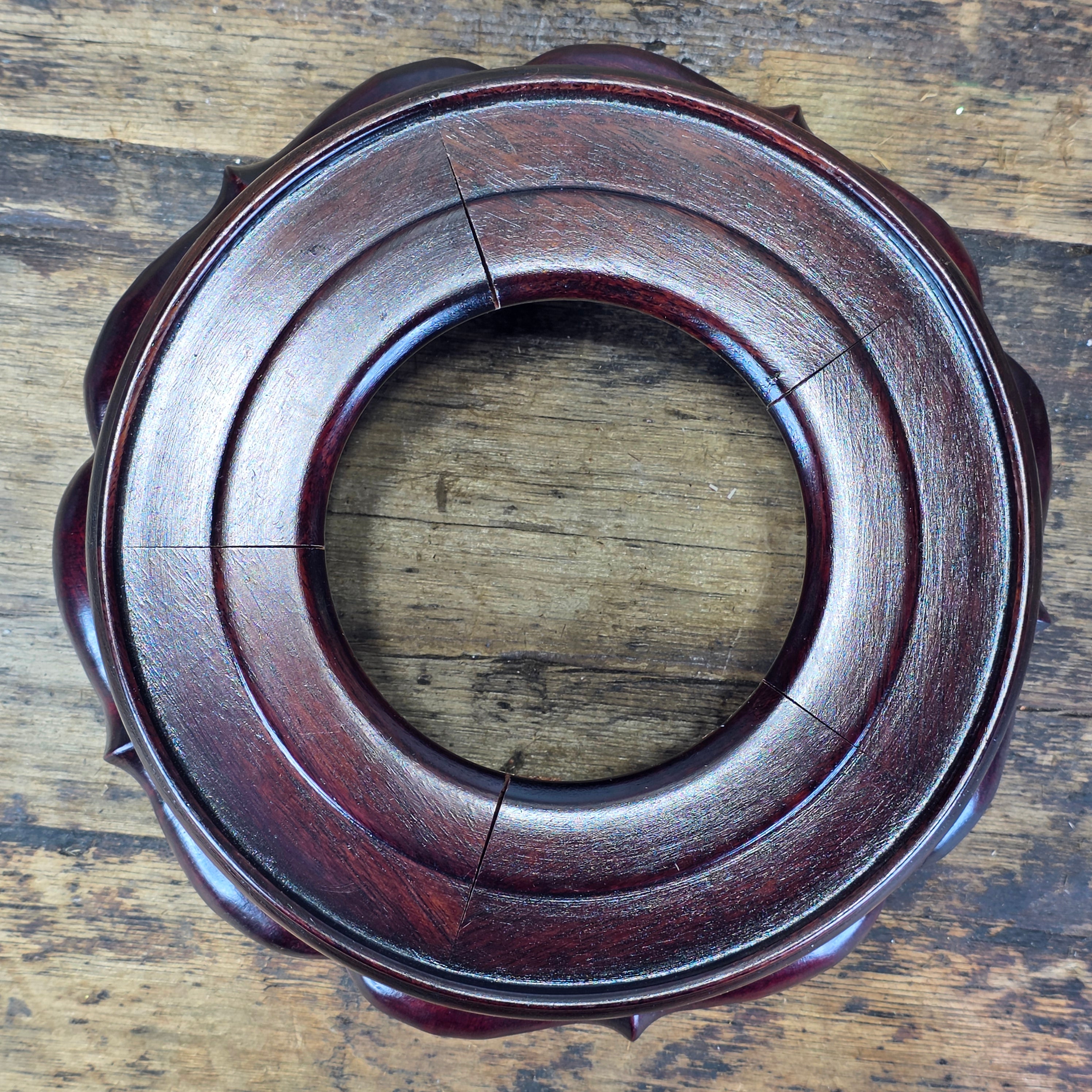 Vintage Chinese Wood Display Stand Vase Bowl Base Rosewood Lotus Round 6.25"