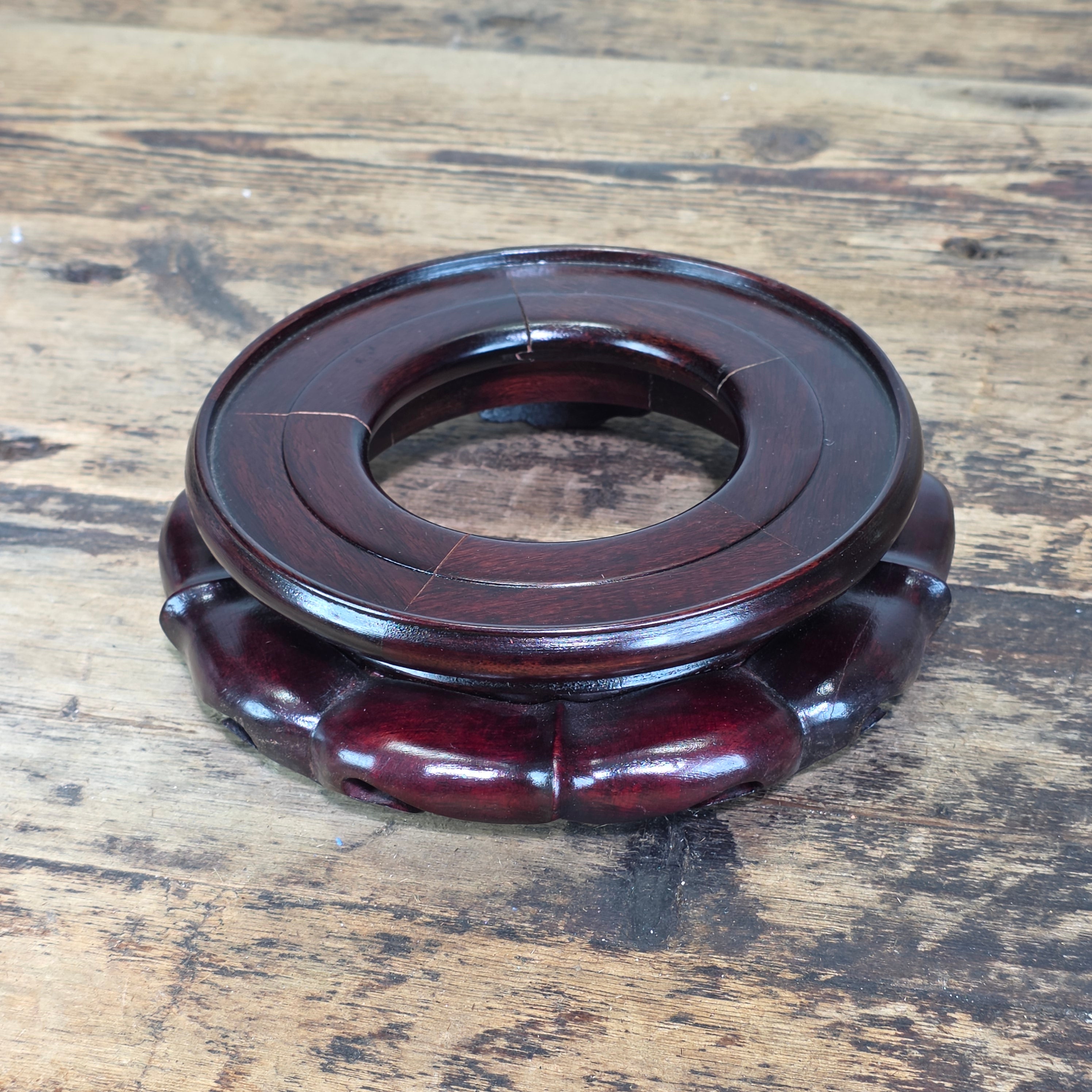 Vintage Chinese Wood Display Stand Vase Bowl Base Rosewood Lotus Round 6.25"