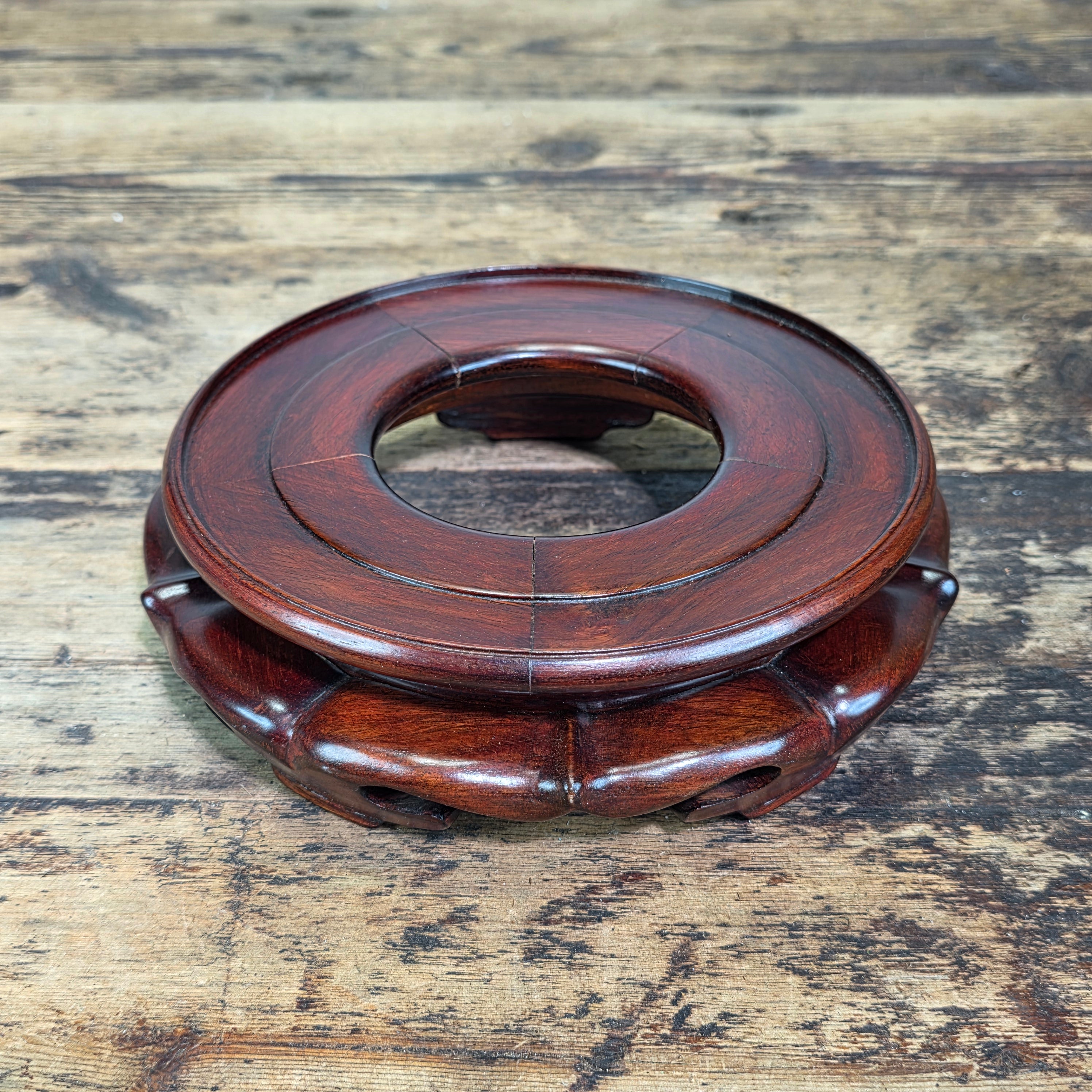 Vintage Chinese Wood Display Stand Vase Bowl Base Rosewood Lotus Round 6.75"