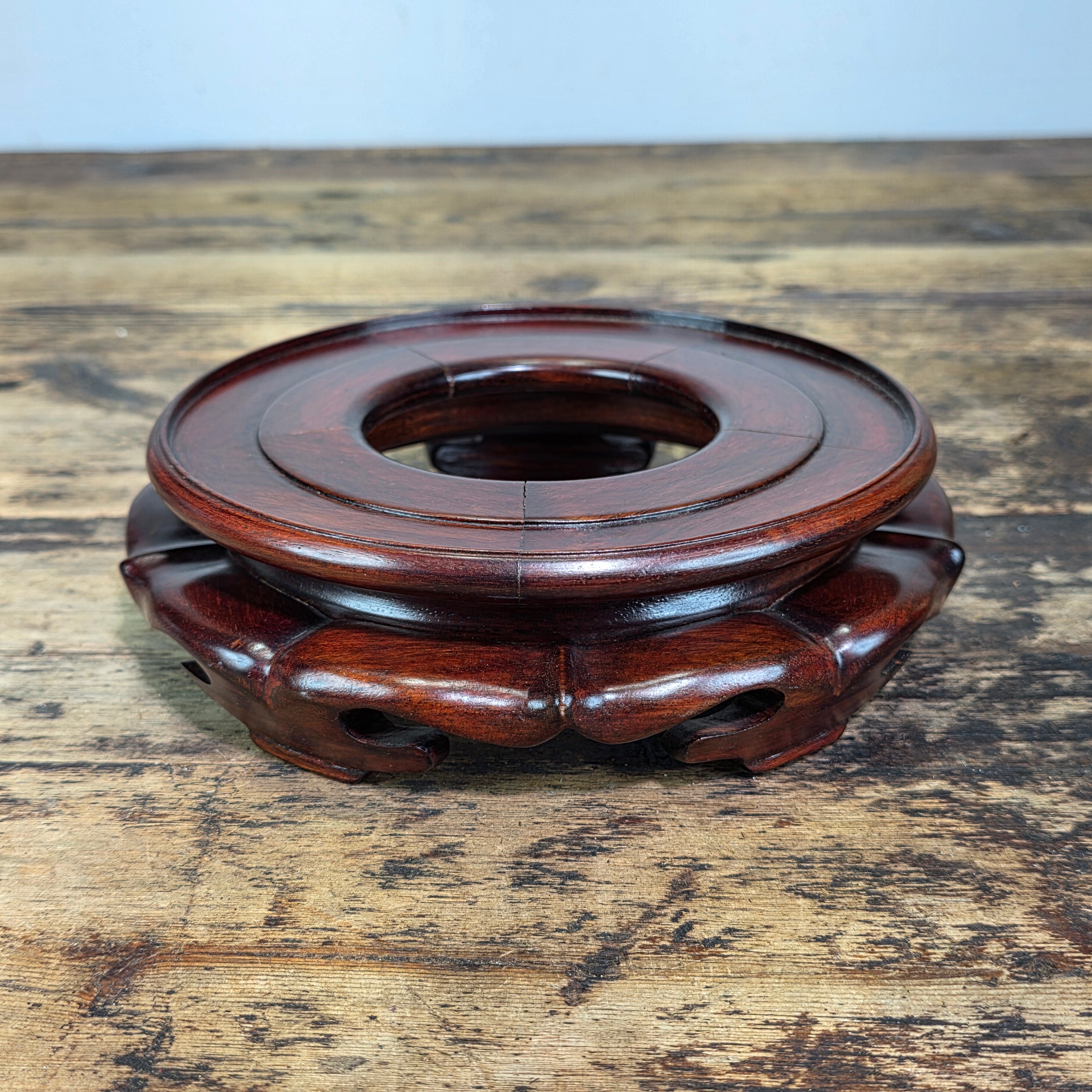 Vintage Chinese Wood Display Stand Vase Bowl Base Rosewood Lotus Round 6.75"