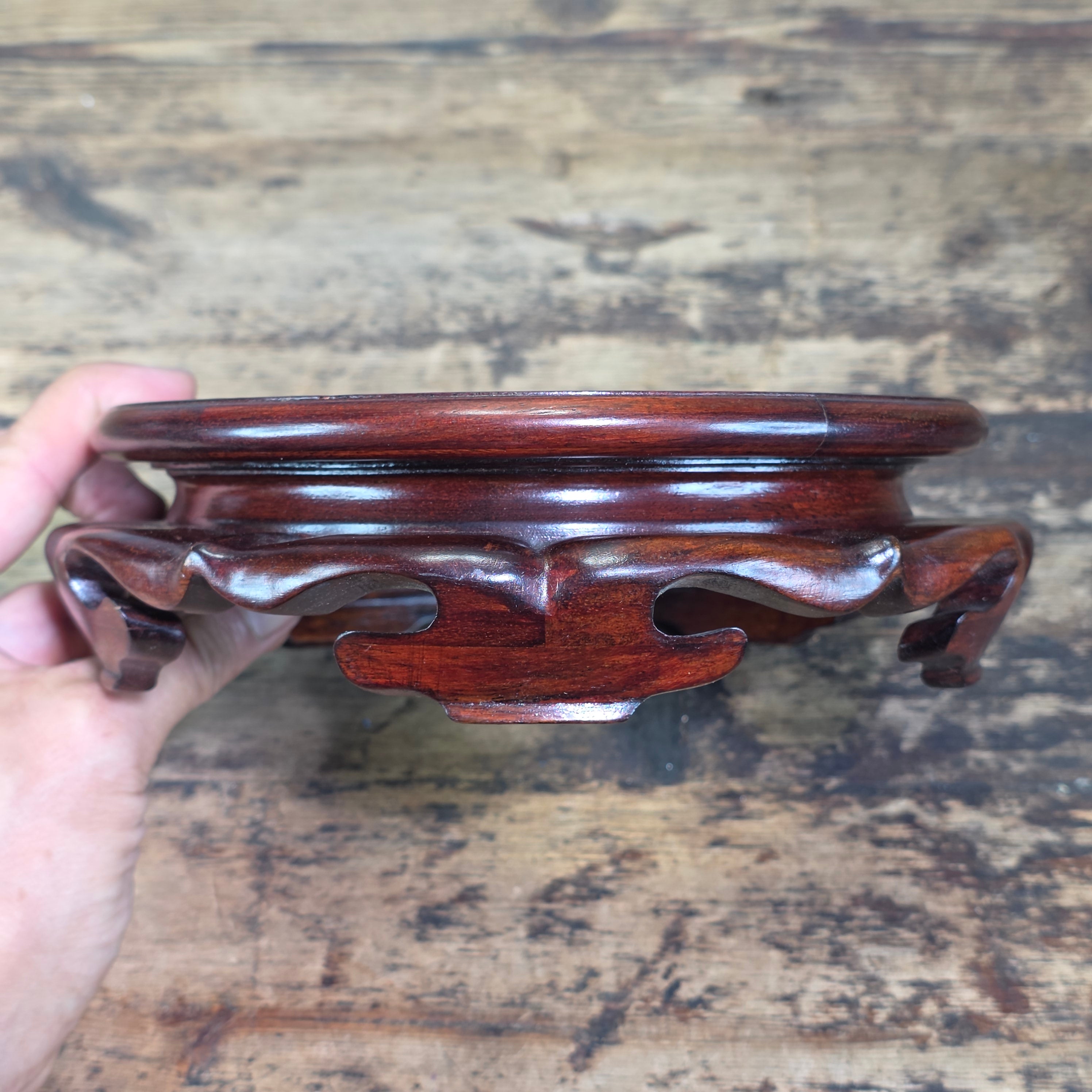 Vintage Chinese Wood Display Stand Vase Bowl Base Rosewood Lotus Round 6.75"