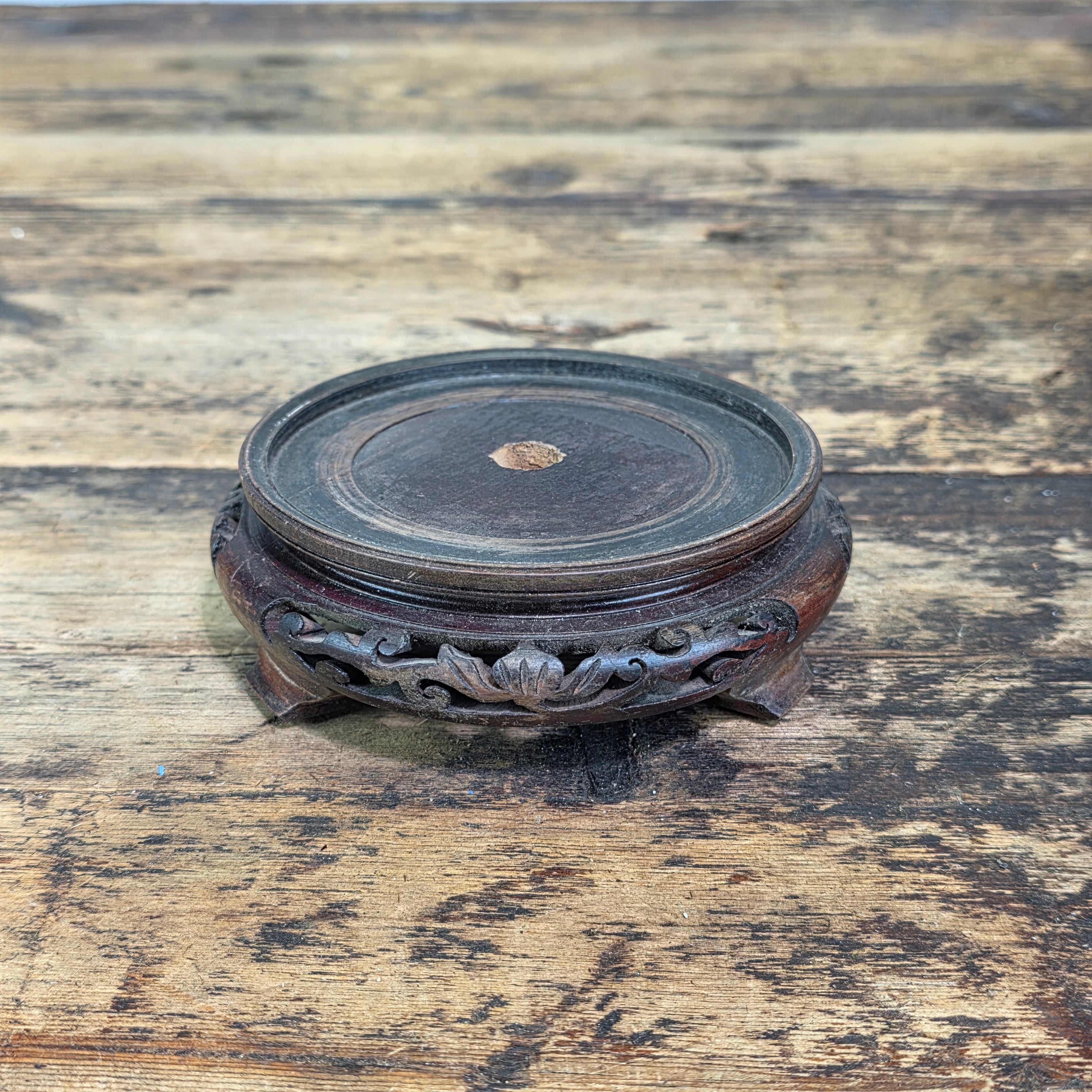 Vintage Chinese Wood Display Stand Round Carved Antique Vase Ginger Jar Base 4"
