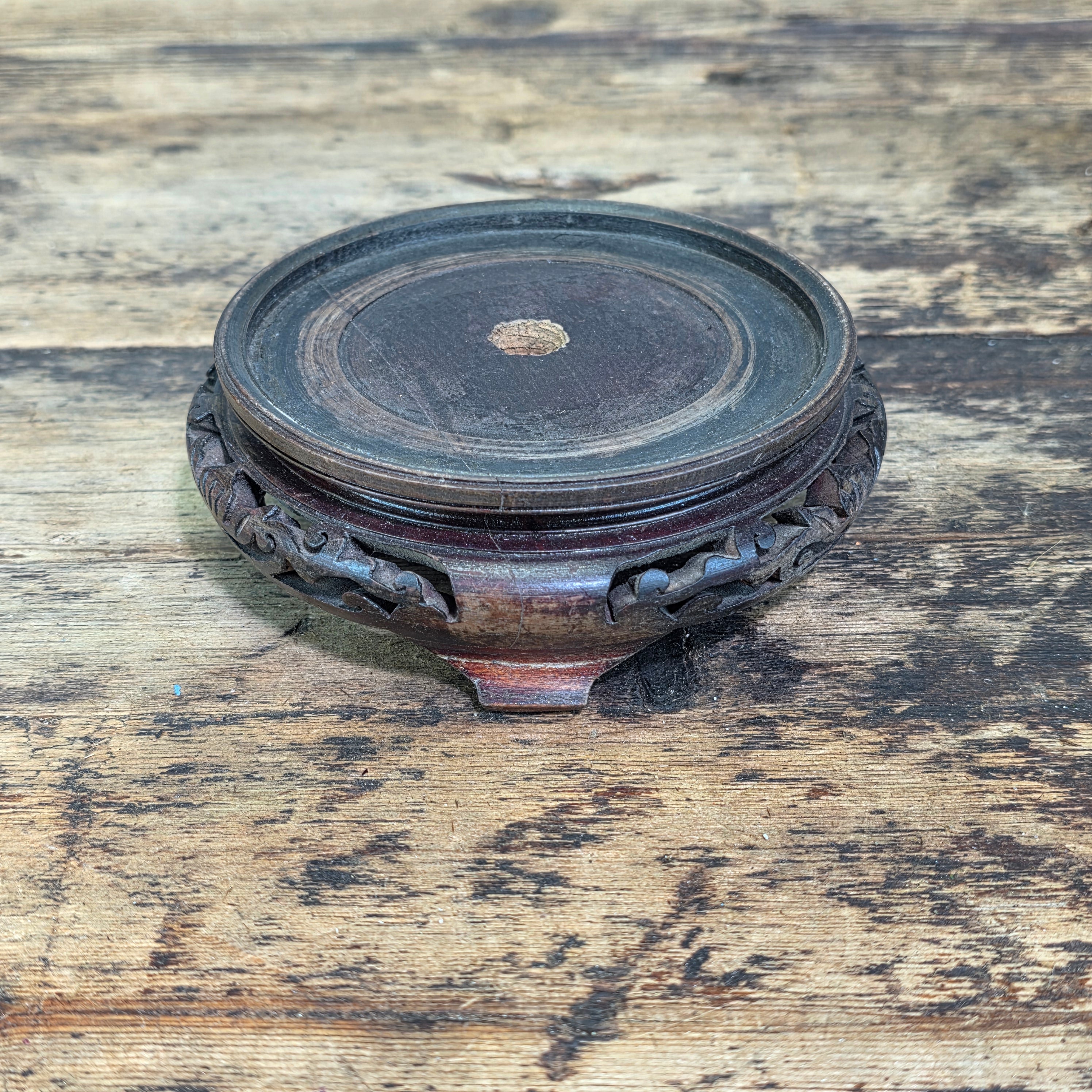 Vintage Chinese Wood Display Stand Round Carved Antique Vase Ginger Jar Base 4"