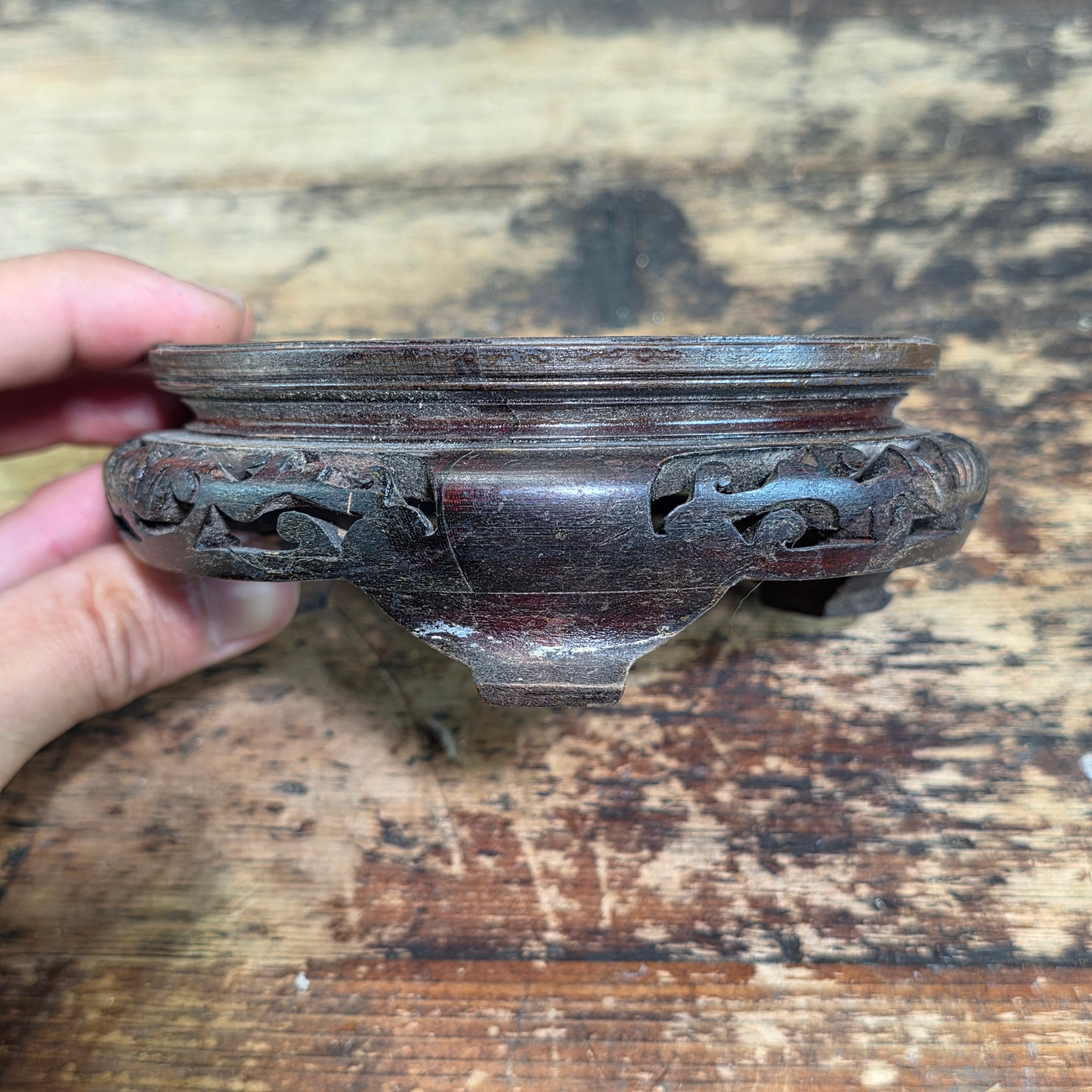Vintage Chinese Wood Display Stand Round Carved Antique Vase Ginger Jar Base 4"