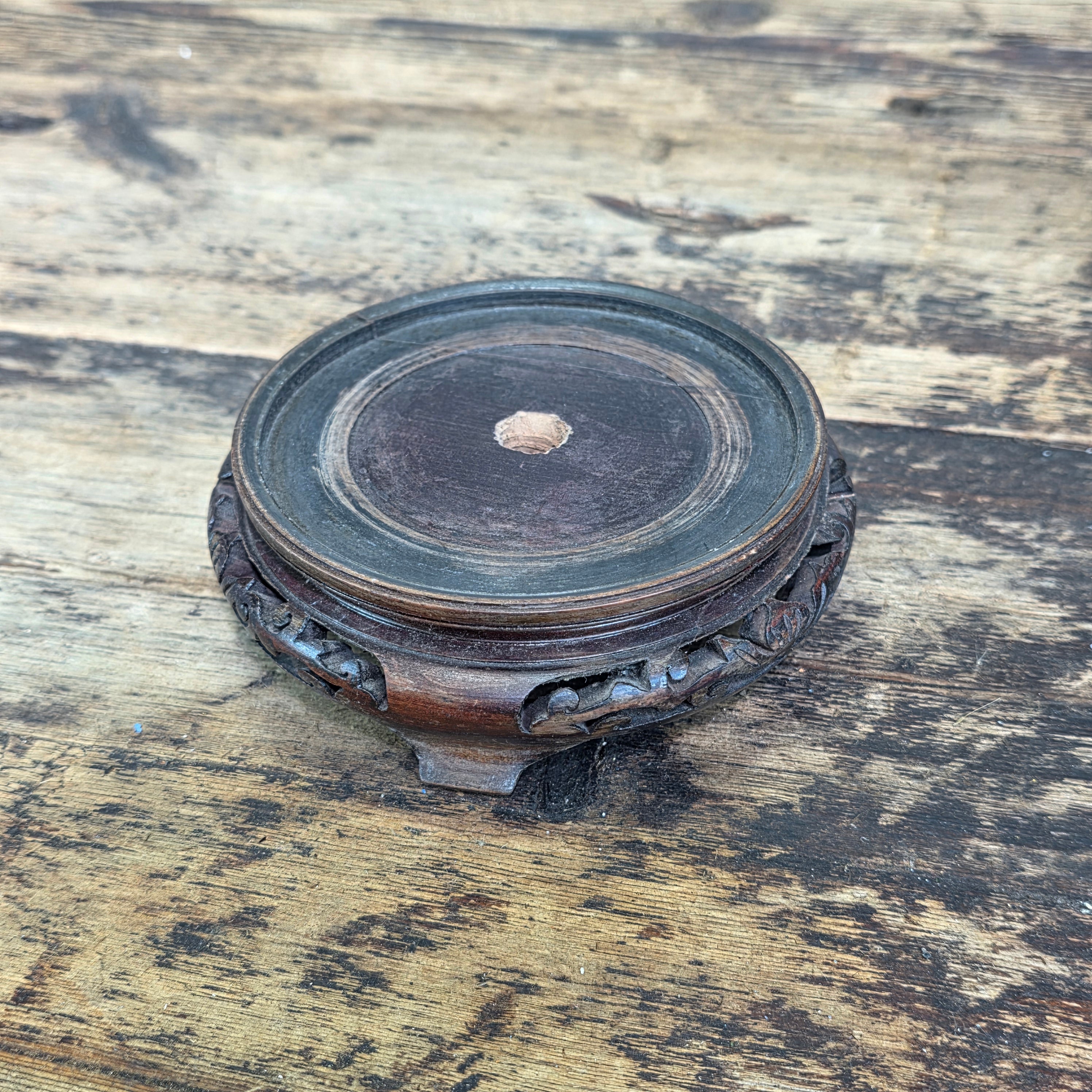 Vintage Chinese Wood Display Stand Round Carved Antique Vase Ginger Jar Base 4"