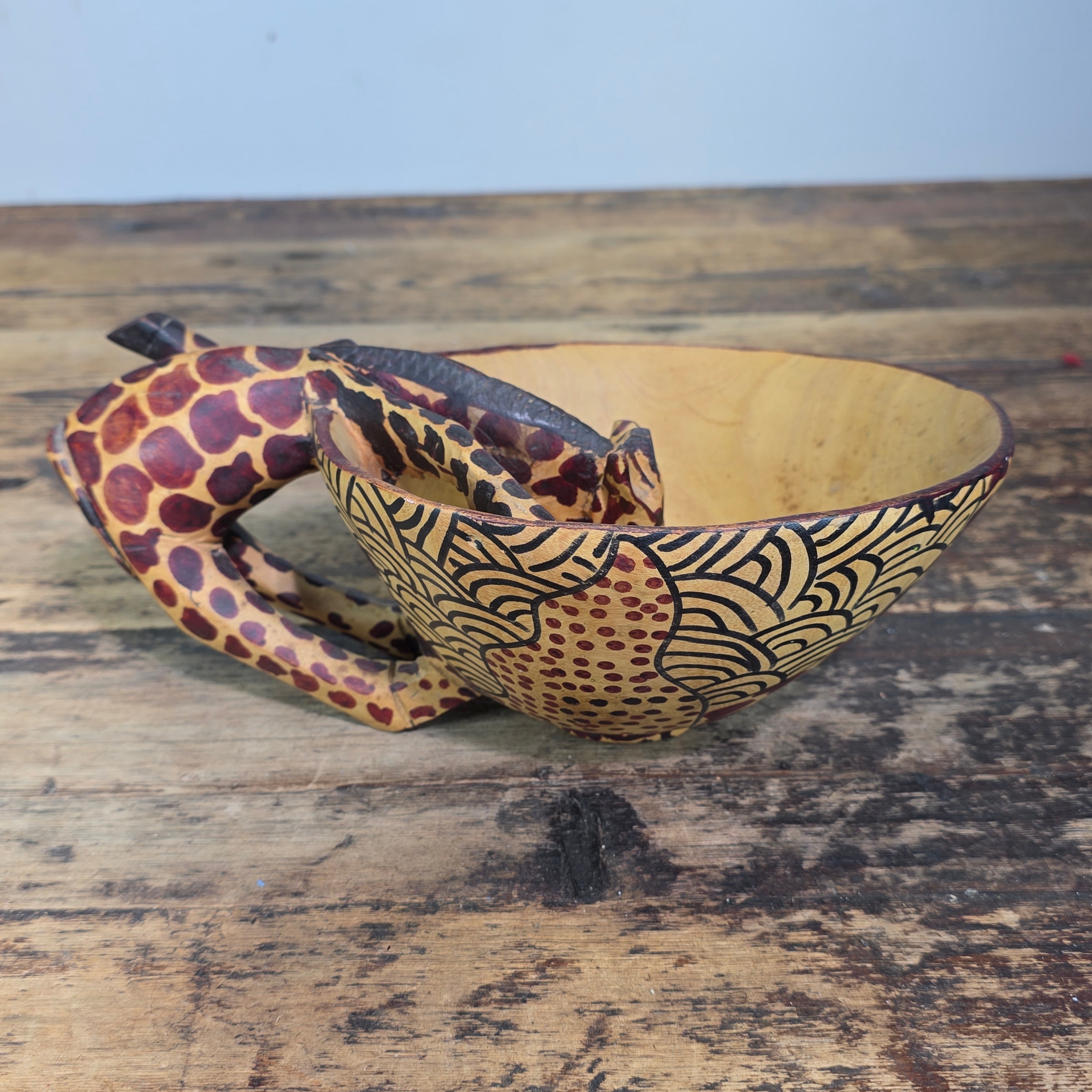 Vintage Hand Carved Wooden Giraffe Bowl African Folk Art Wood Animal Scuplture