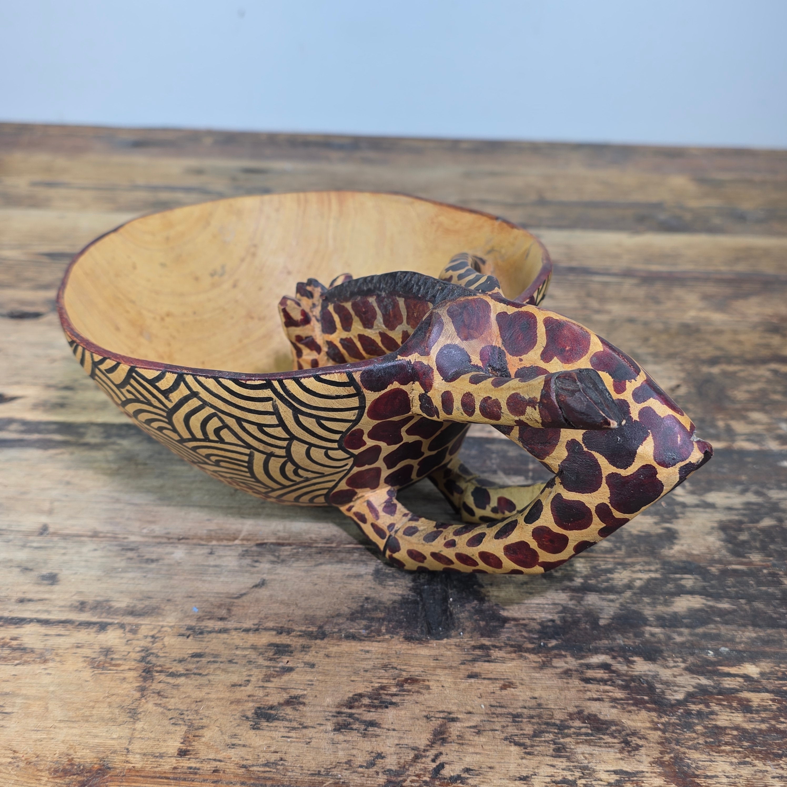 Vintage Hand Carved Wooden Giraffe Bowl African Folk Art Wood Animal Scuplture