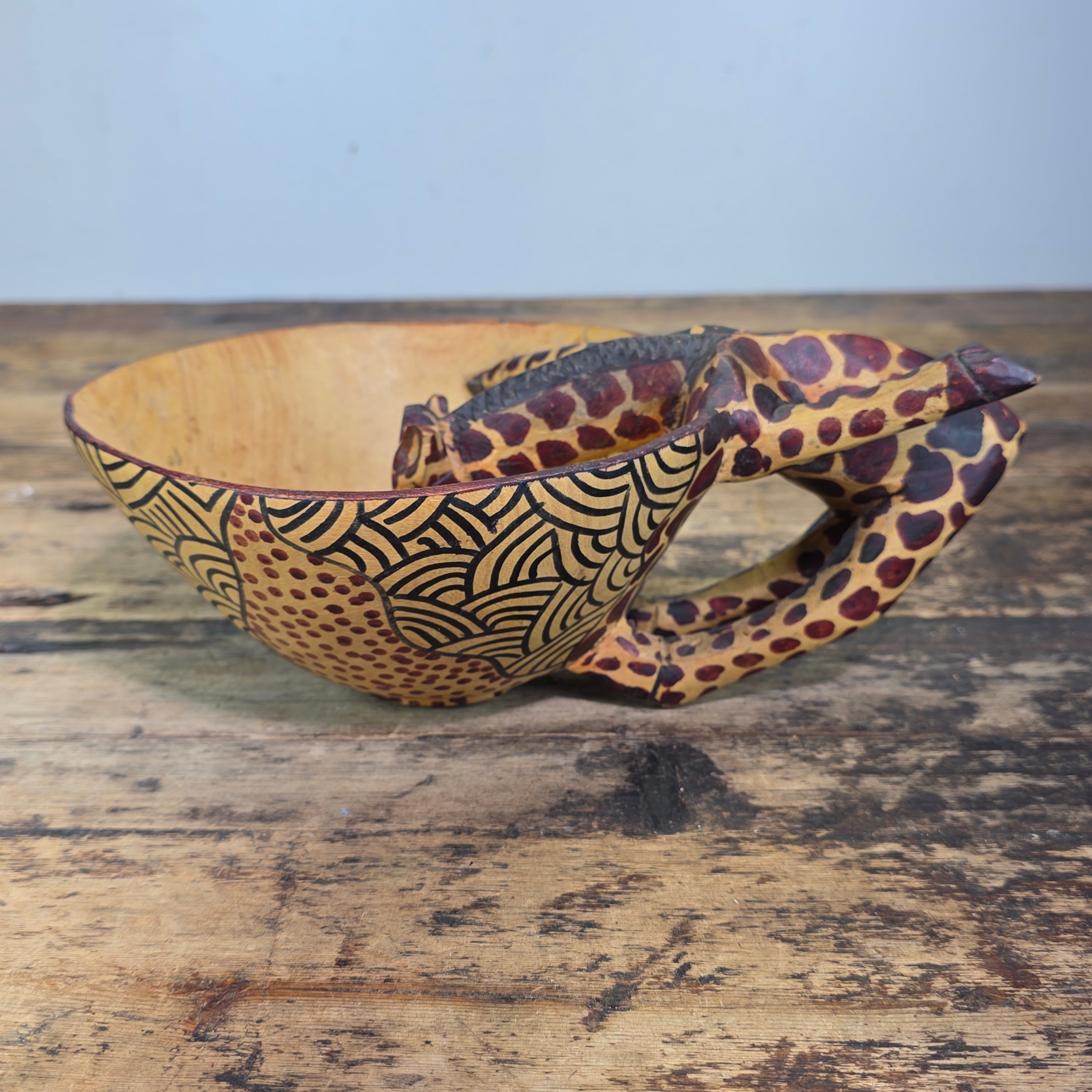 Vintage Hand Carved Wooden Giraffe Bowl African Folk Art Wood Animal Scuplture