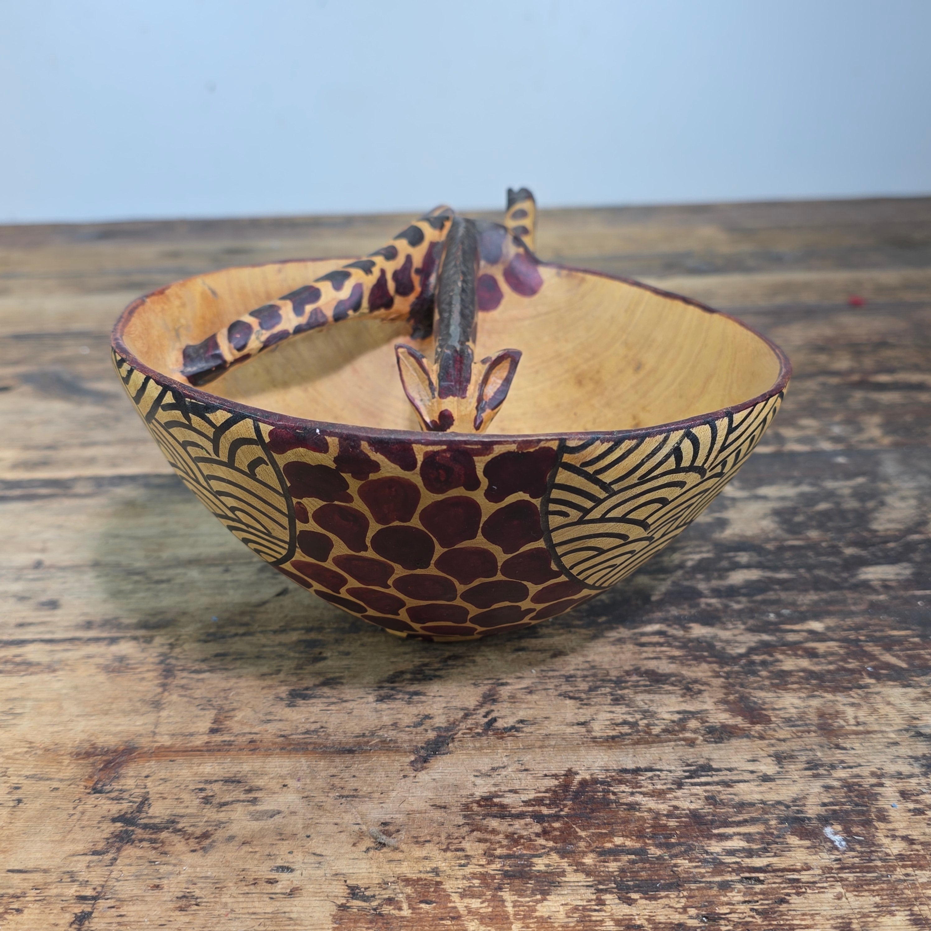 Vintage Hand Carved Wooden Giraffe Bowl African Folk Art Wood Animal Scuplture