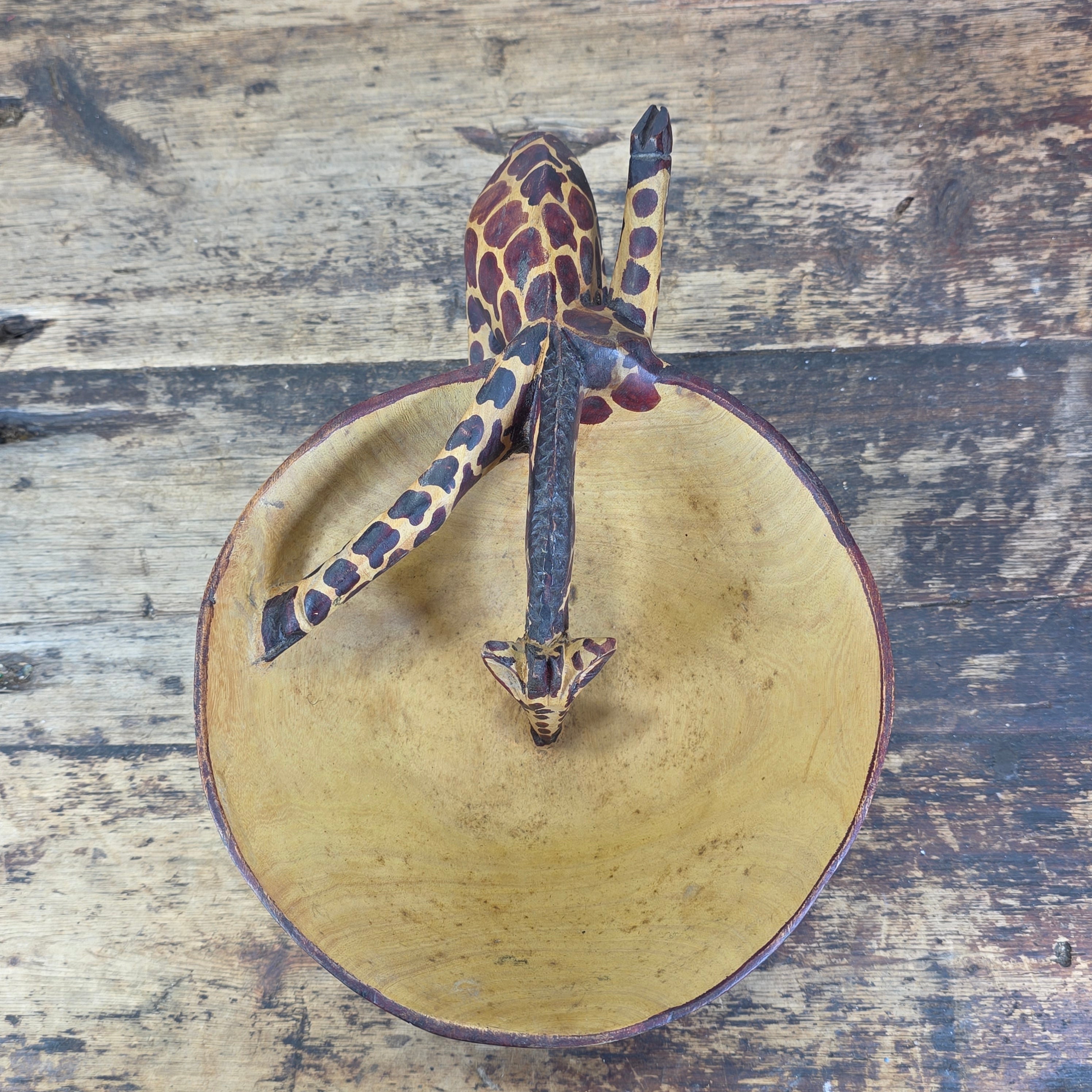 Vintage Hand Carved Wooden Giraffe Bowl African Folk Art Wood Animal Scuplture