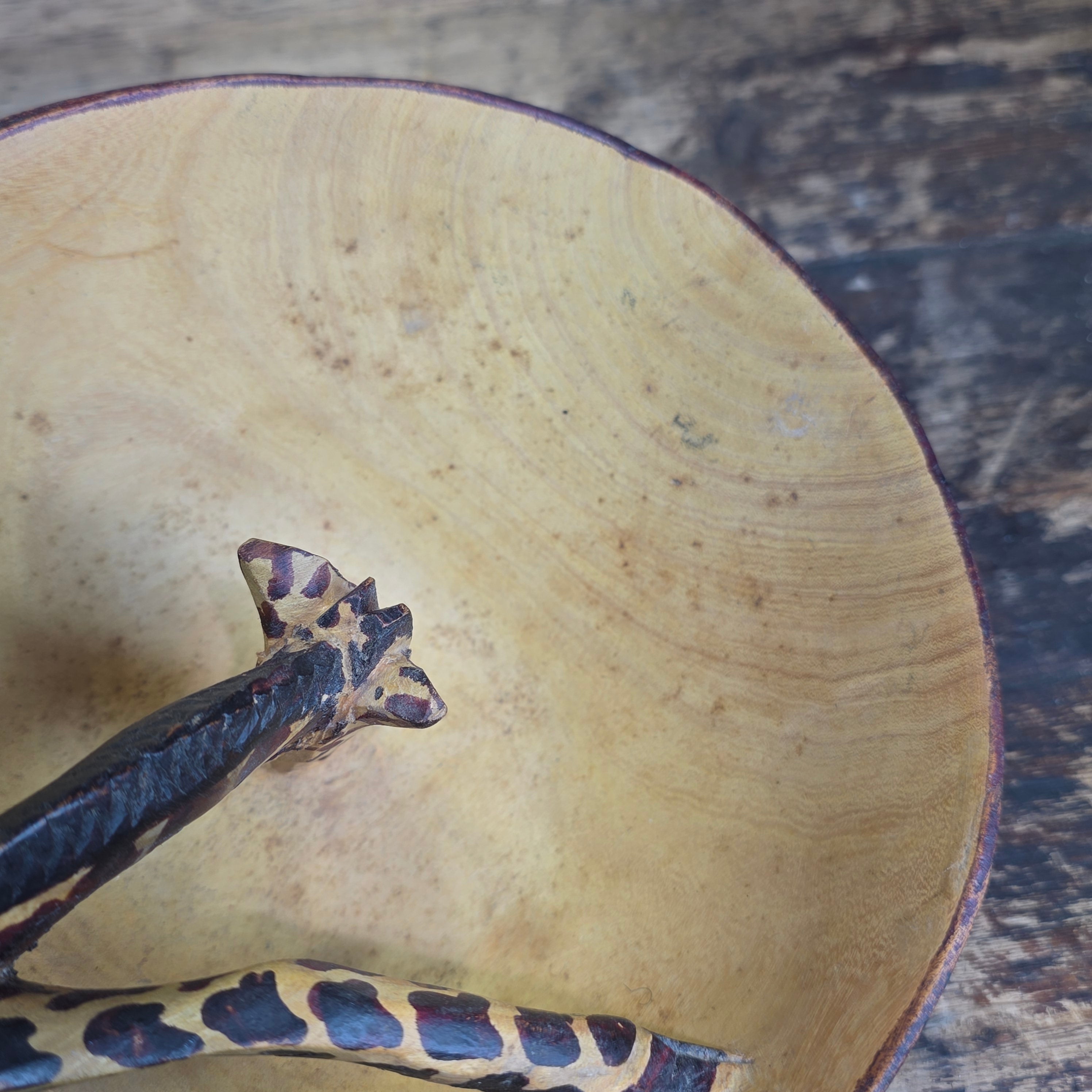 Vintage Hand Carved Wooden Giraffe Bowl African Folk Art Wood Animal Scuplture