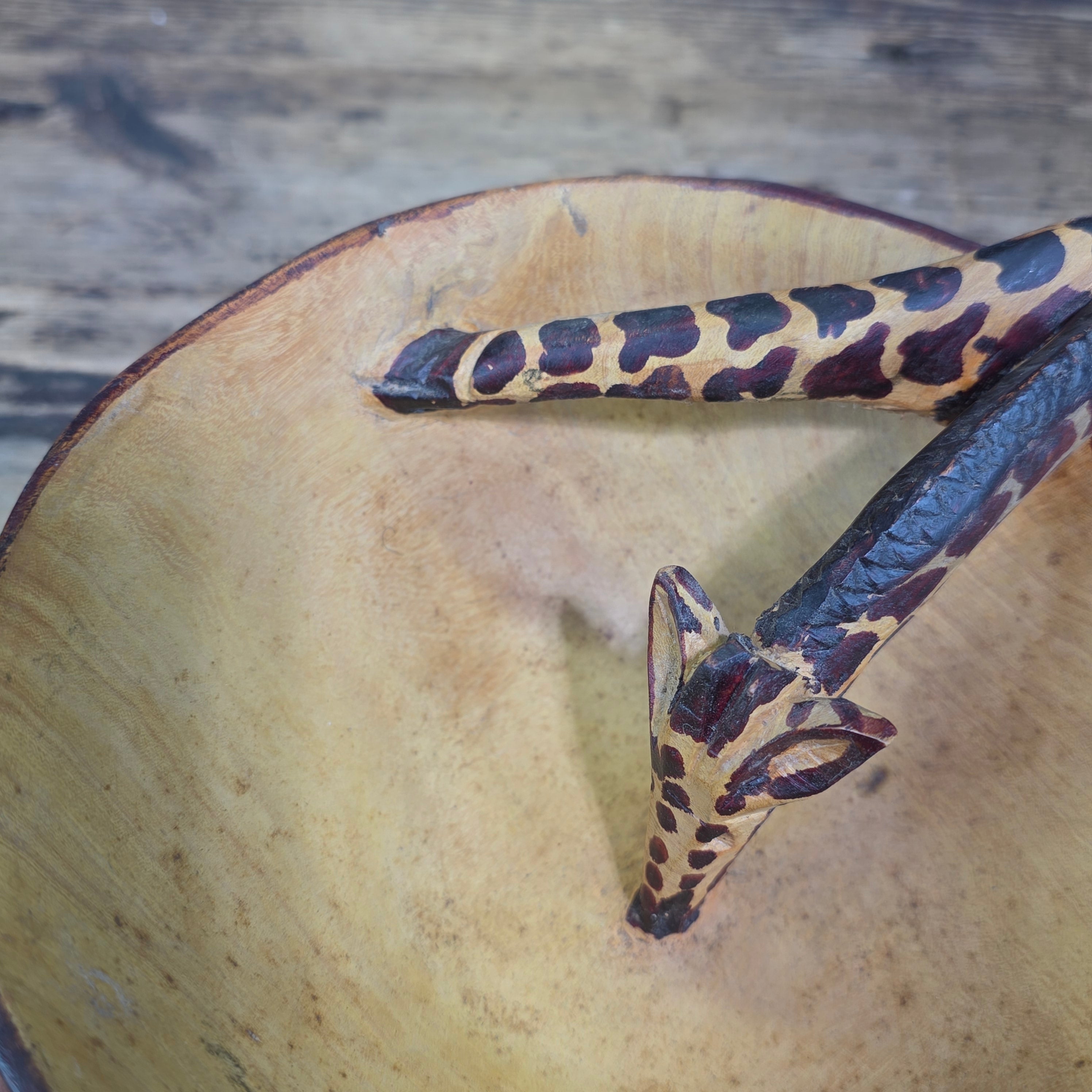 Vintage Hand Carved Wooden Giraffe Bowl African Folk Art Wood Animal Scuplture