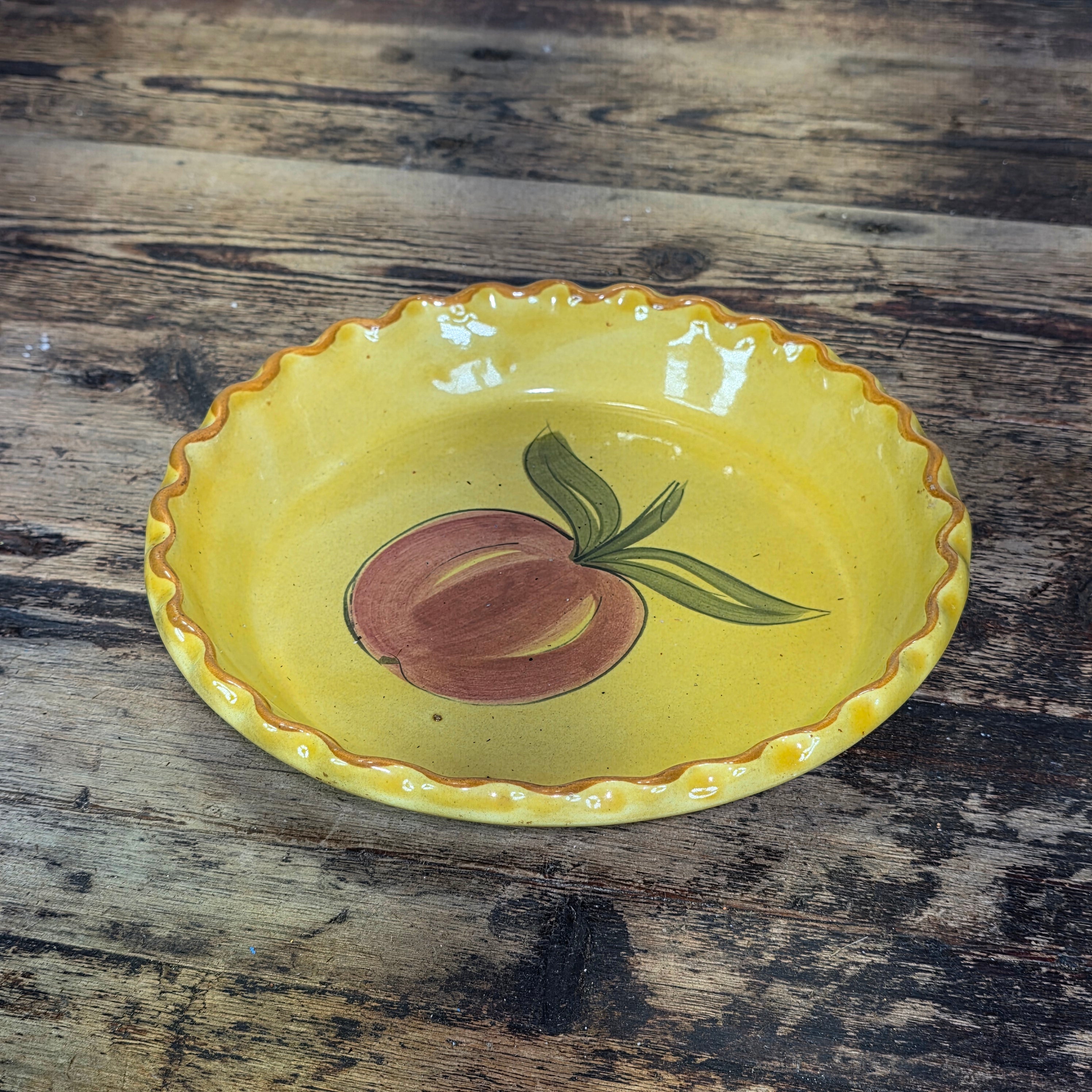 Vintage 1971 Los Angeles Potteries Yellow Pie Dish Peach Fruit Ceramic Pan 630