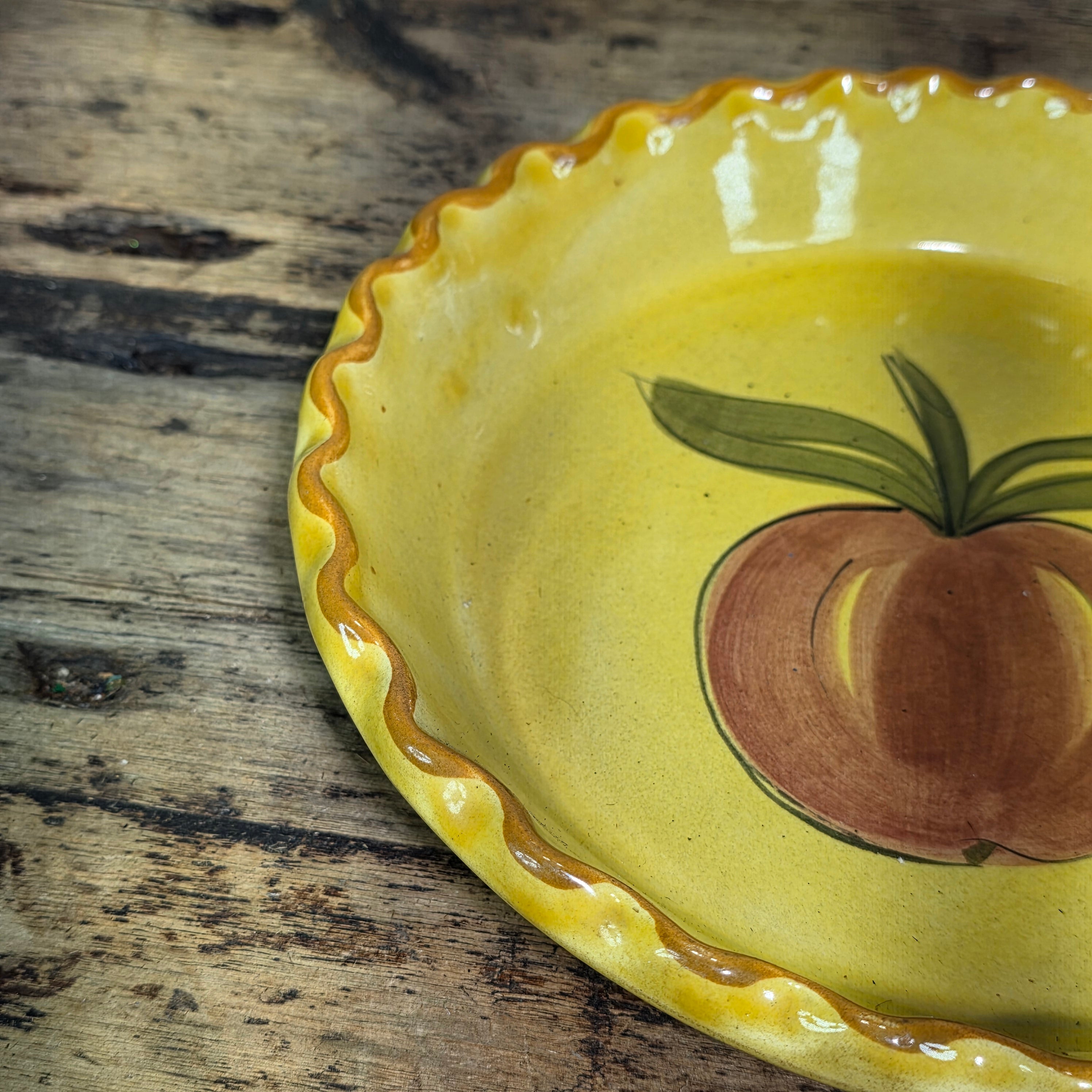 Vintage 1971 Los Angeles Potteries Yellow Pie Dish Peach Fruit Ceramic Pan 630