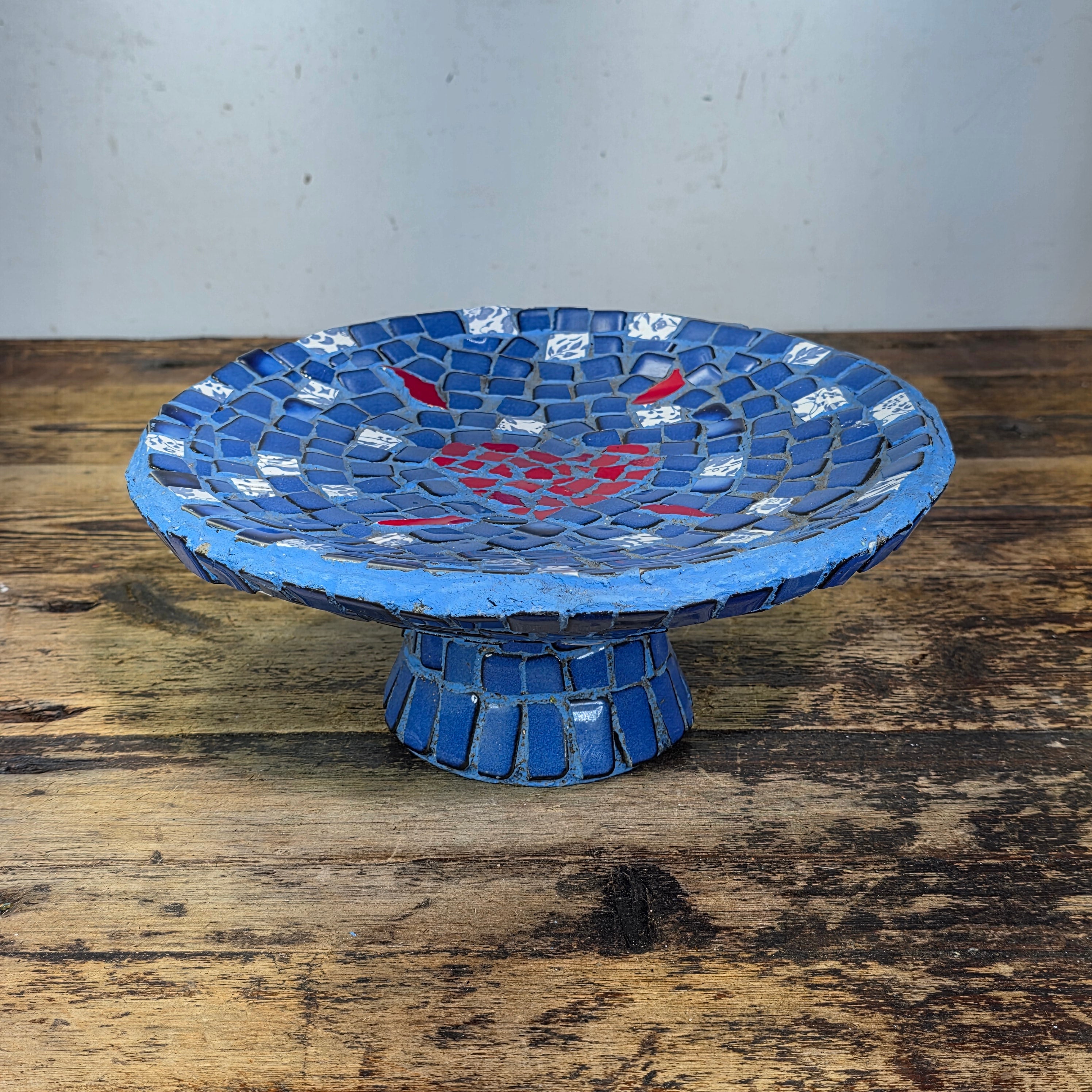 Mosaic Tile Pedestal Bowl Cobalt Blue Red Heart Handcrafted Decorative Dish 11"