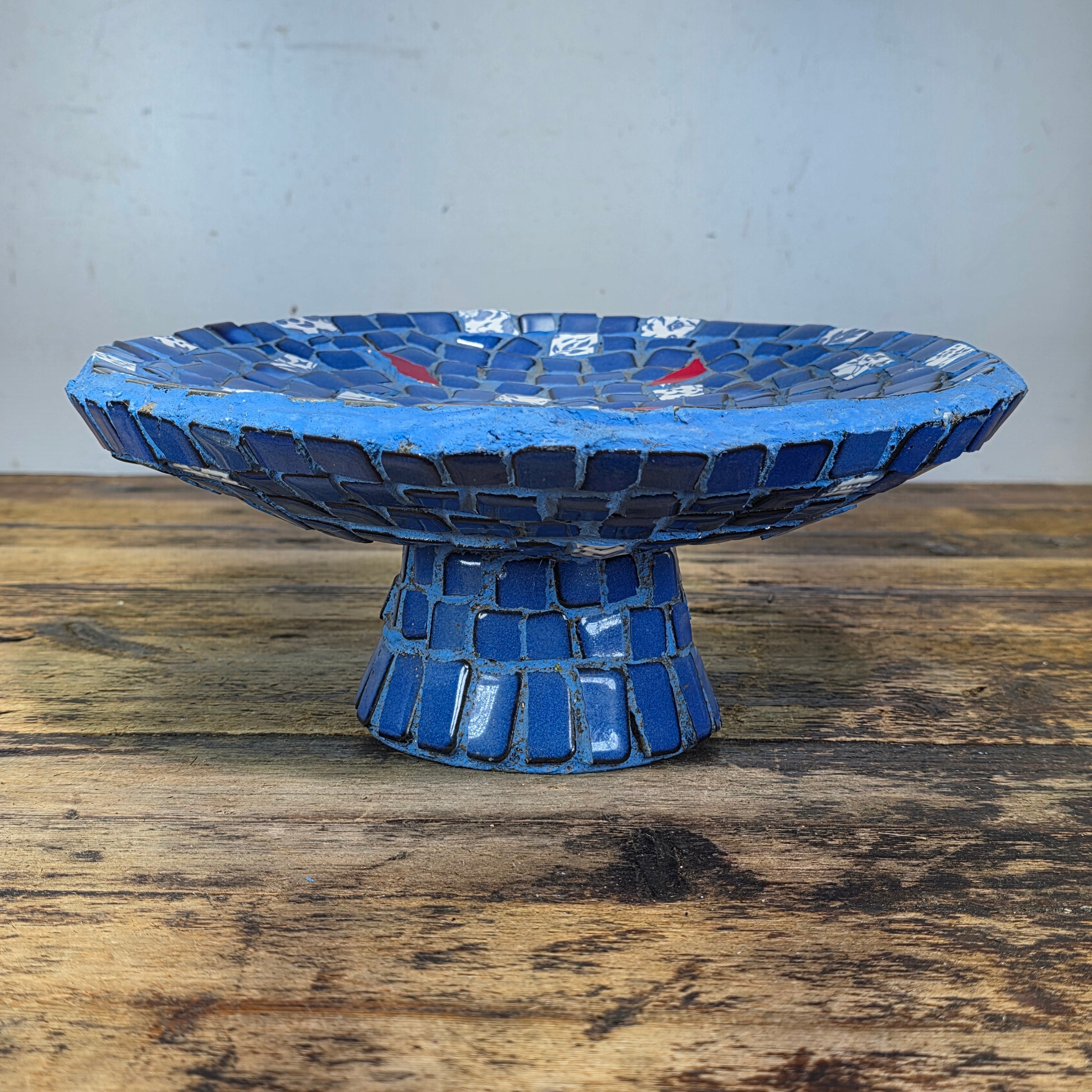 Mosaic Tile Pedestal Bowl Cobalt Blue Red Heart Handcrafted Decorative Dish 11"